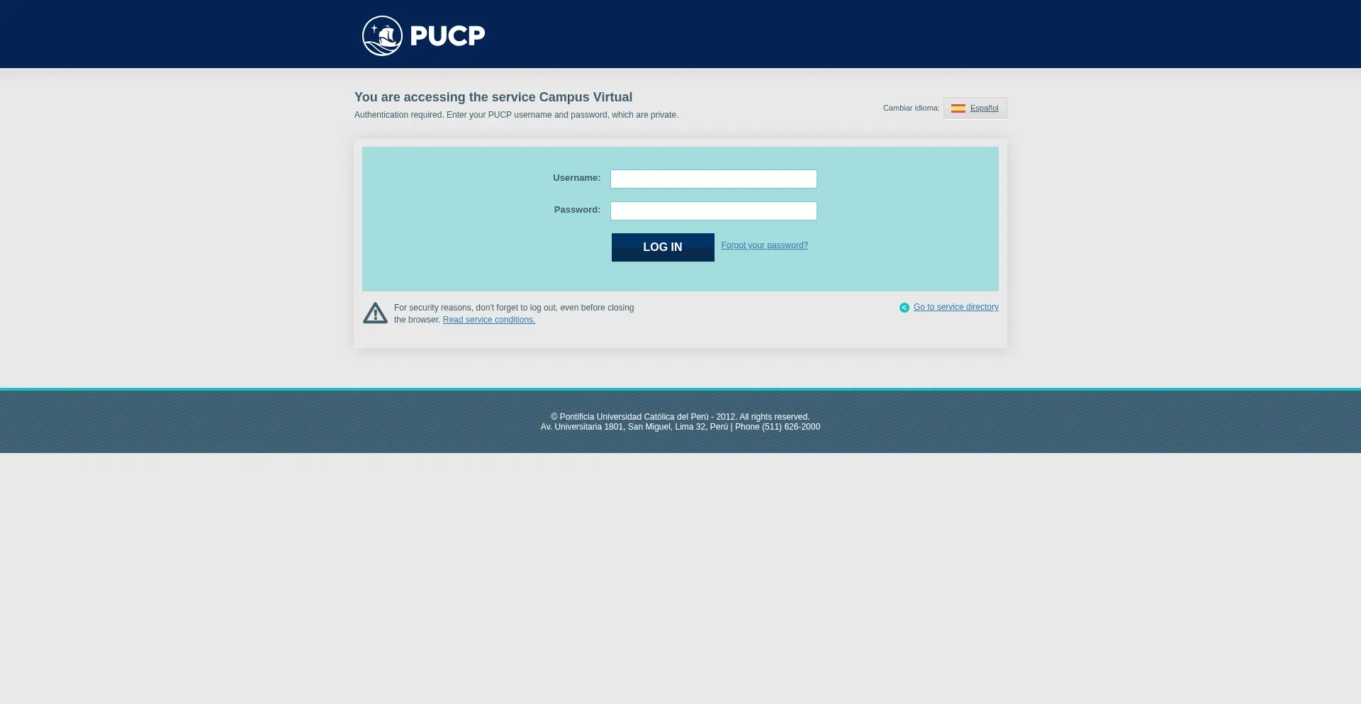 Website screenshot of Eros.pucp.edu.pe