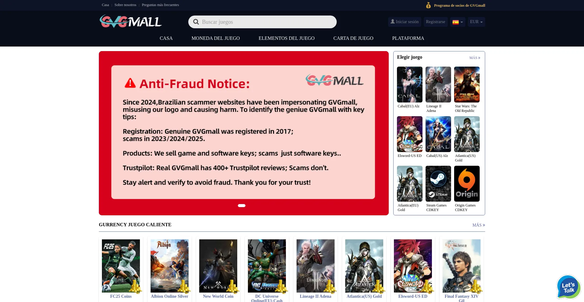 Website screenshot of Es.gvgmall.com