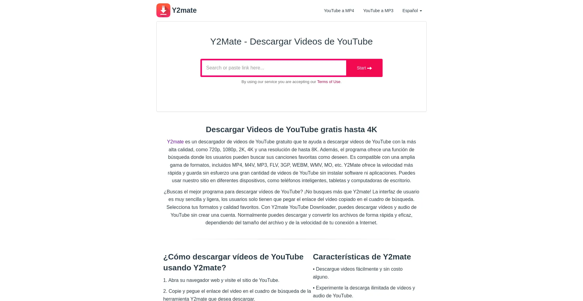 Website screenshot of Es.y2mate.tube