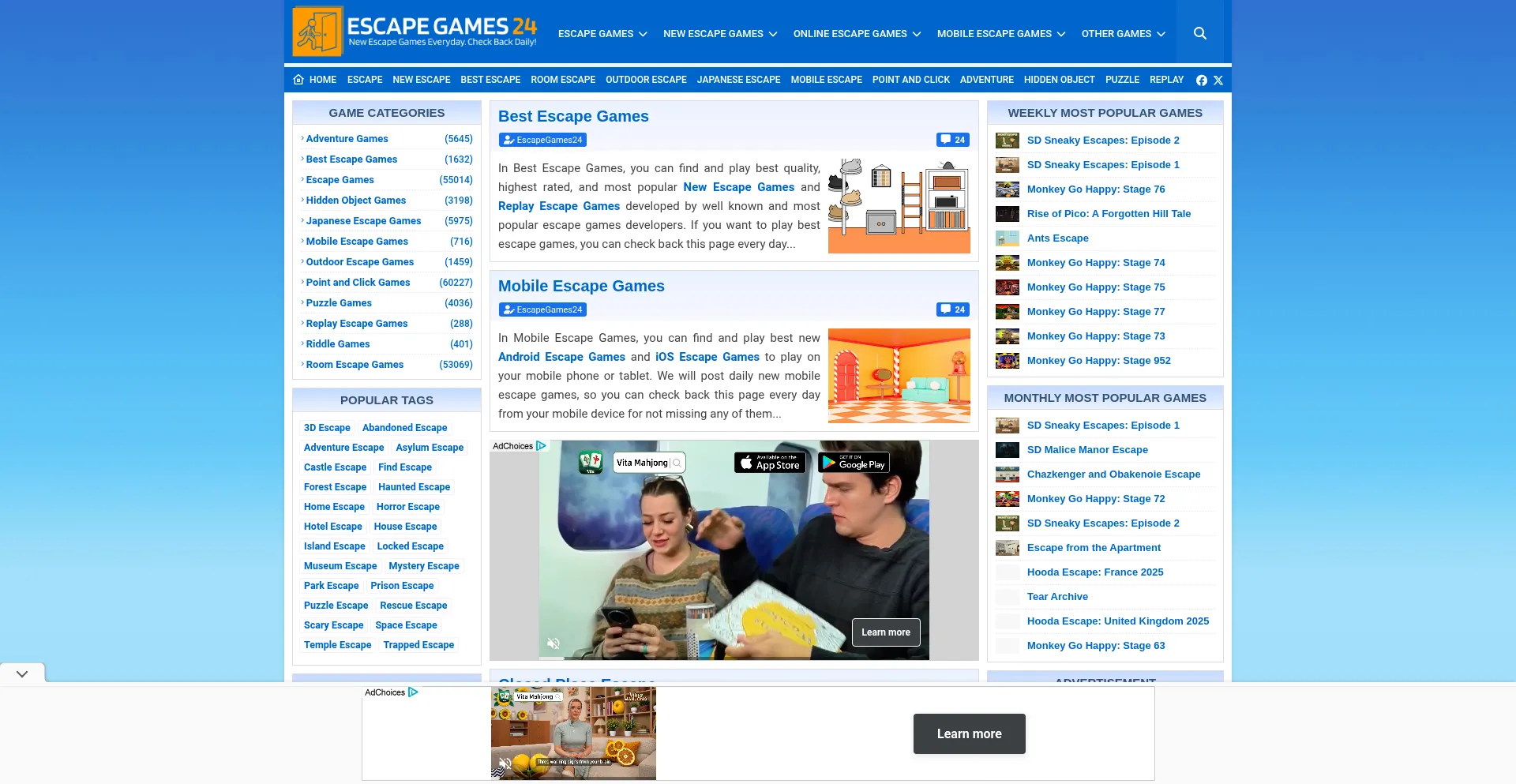 Website screenshot of Escapegames24.com
