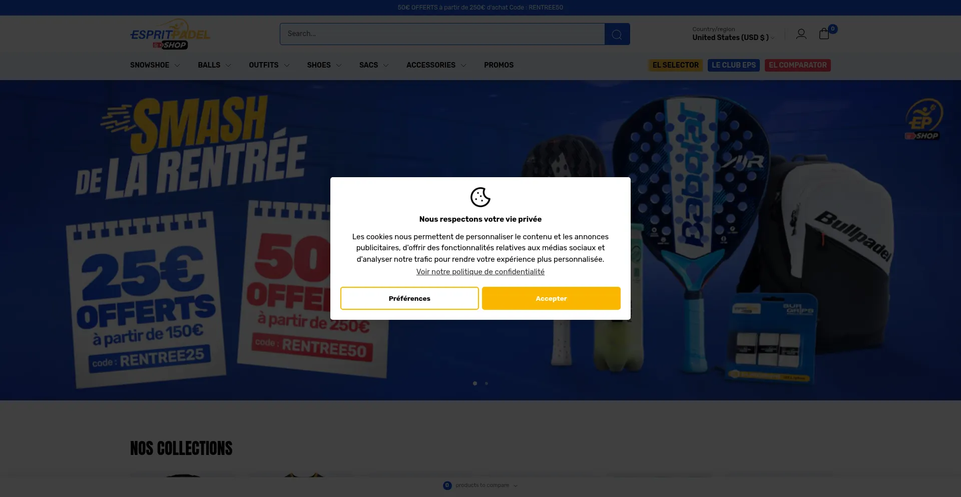 Website screenshot of Esprit-padel-shop.com