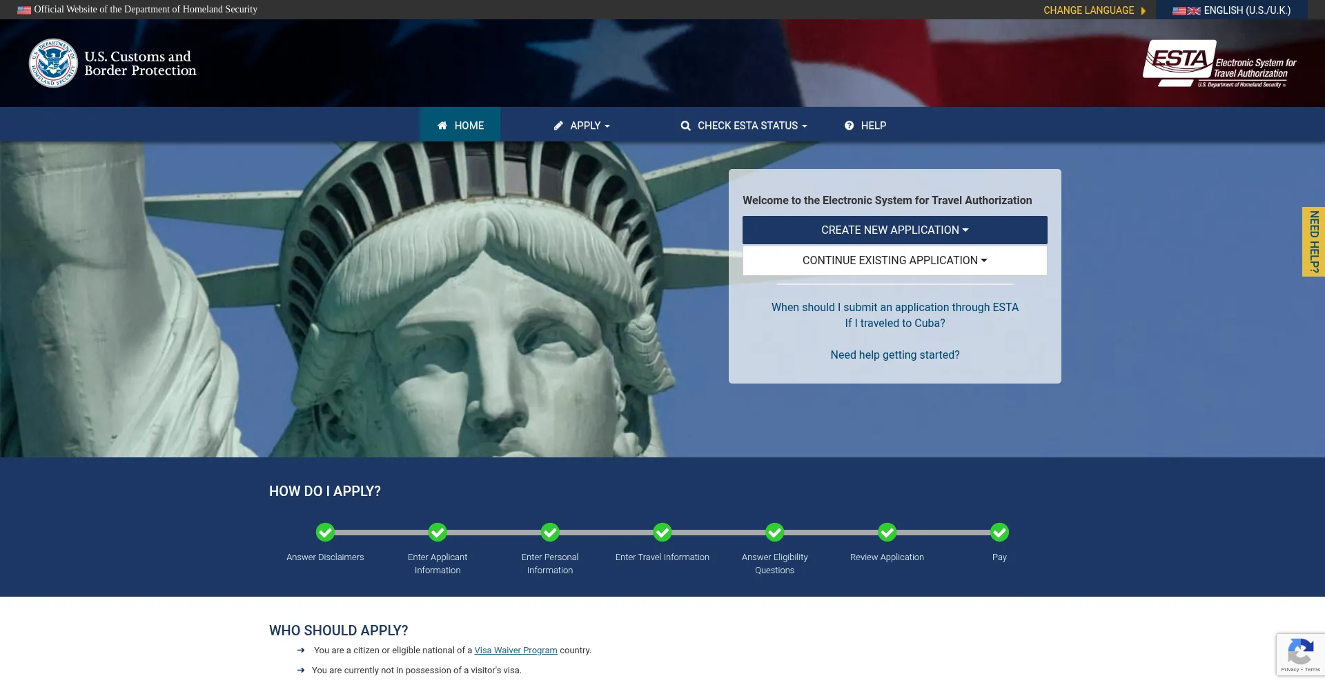 Website screenshot of Esta.cbp.dhs.gov