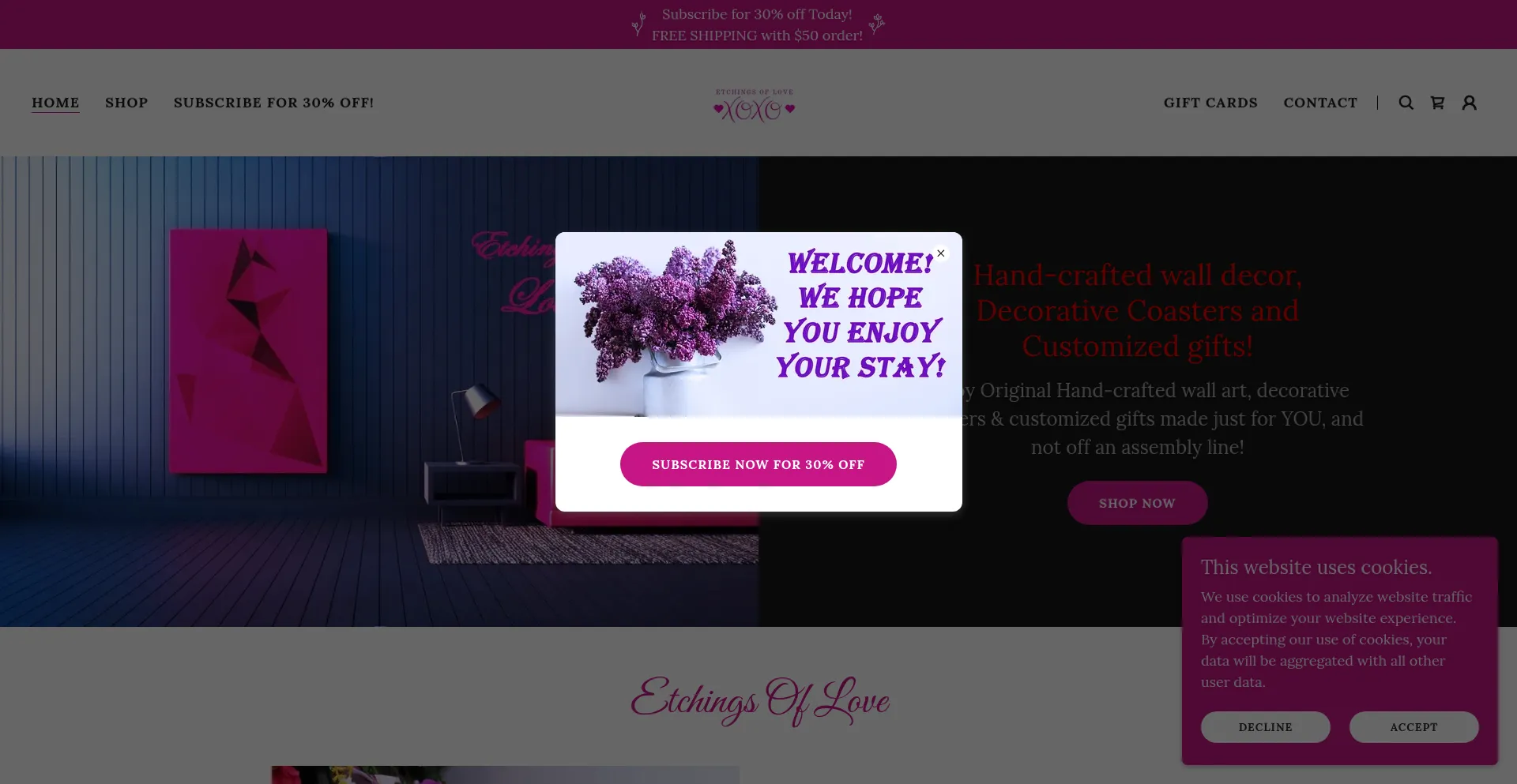 Website screenshot of Etchingsoflove.com