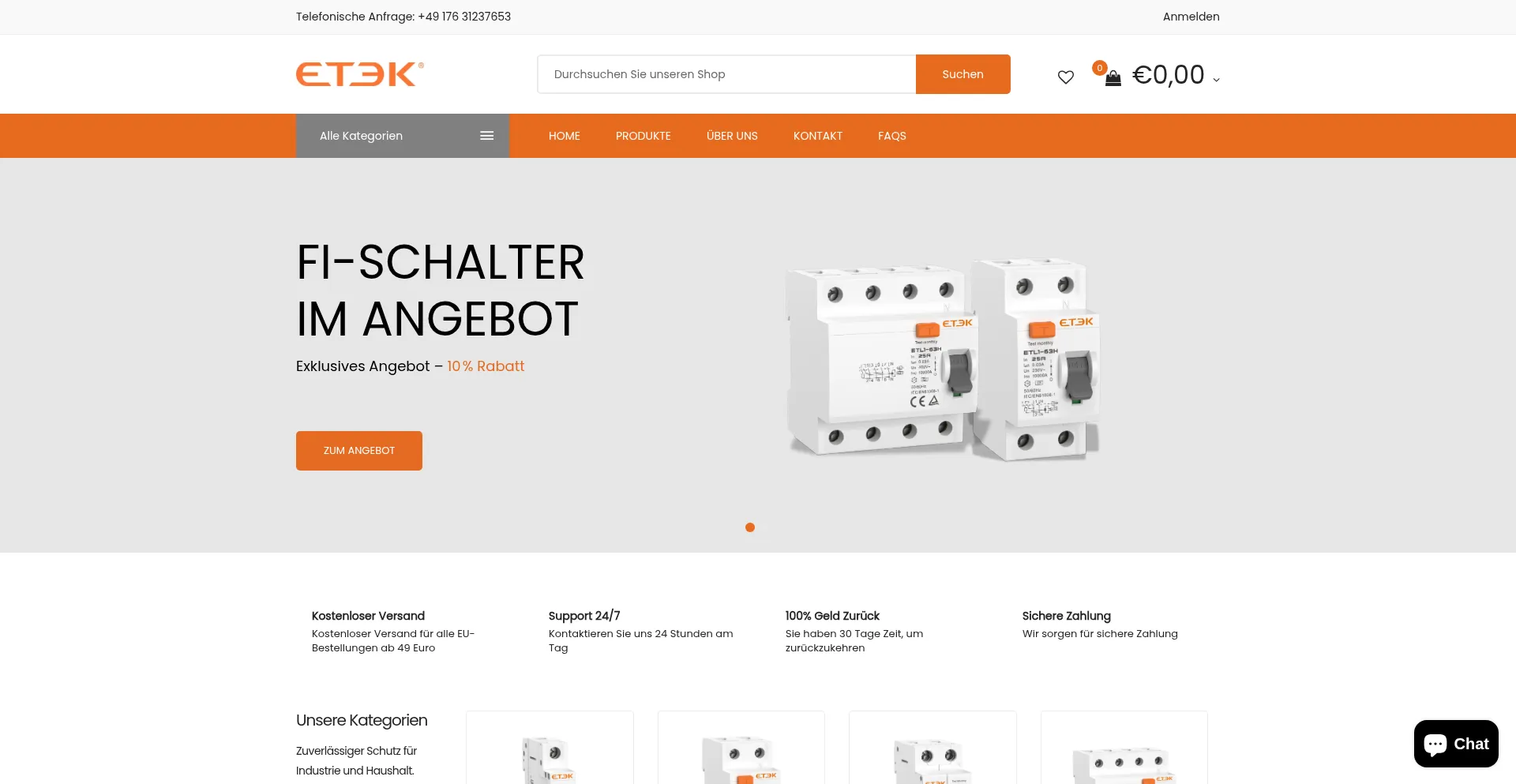 Website screenshot of Etek-store.de