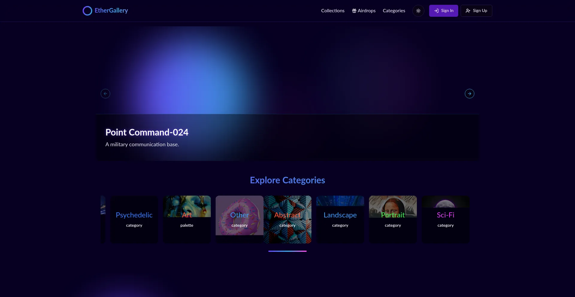 Website screenshot of Ethergallery.art