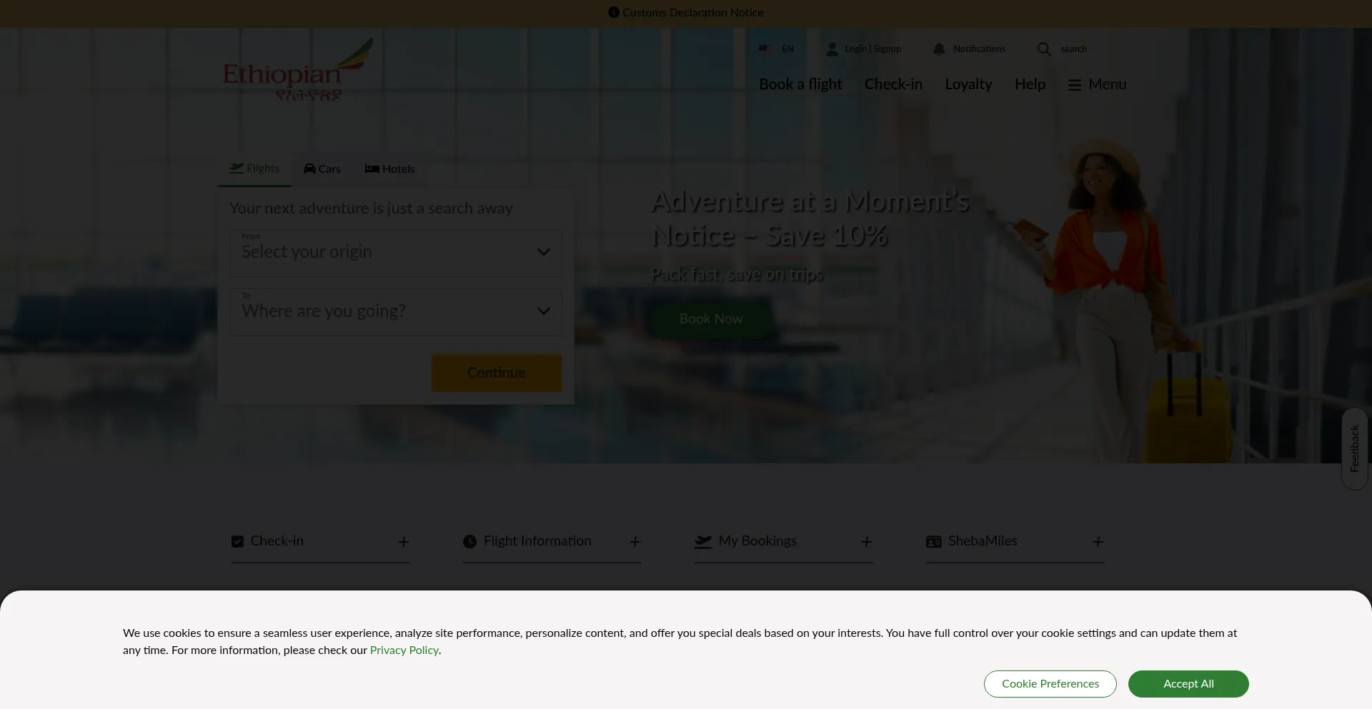 Website screenshot of Ethiopianairlines.com
