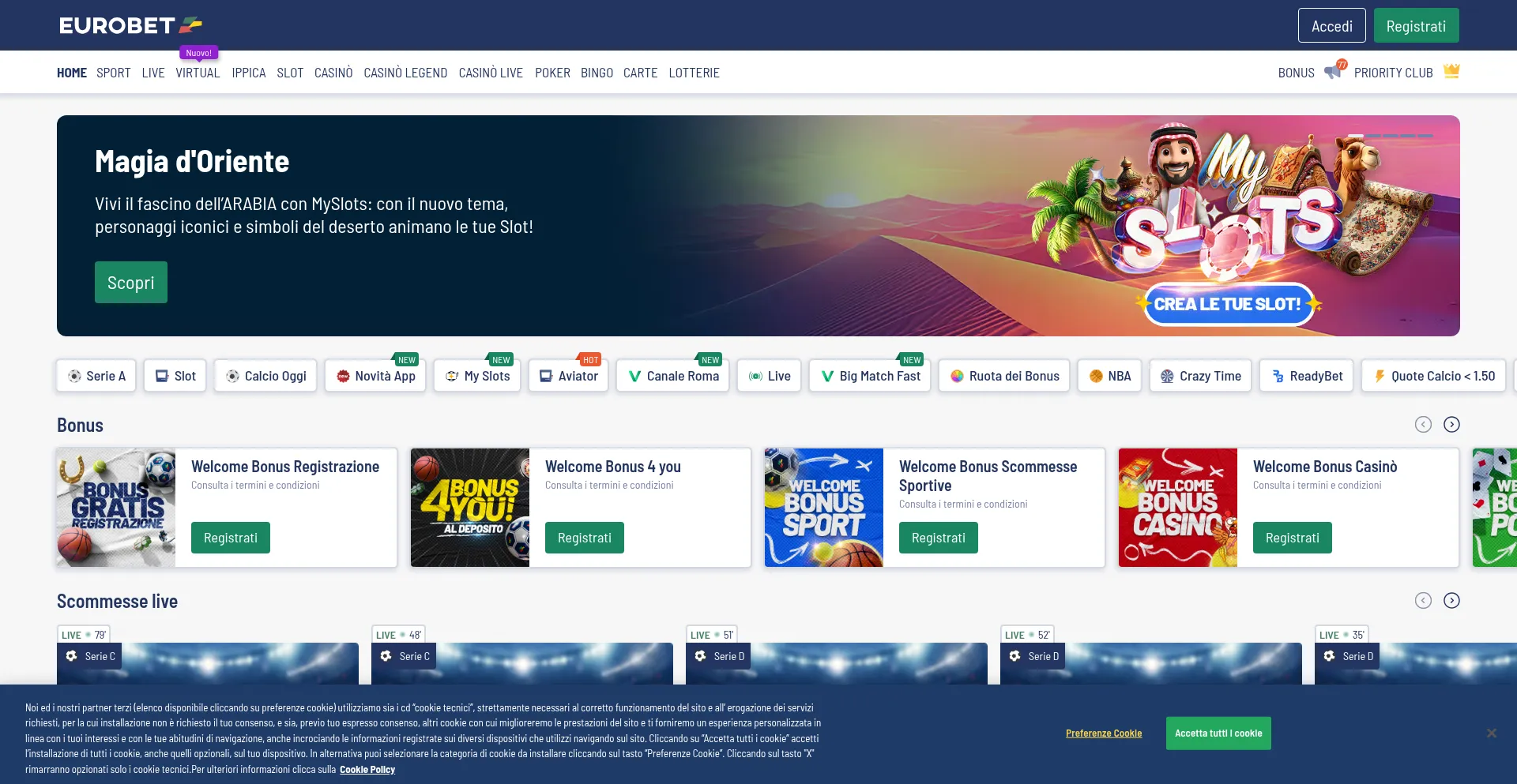 Schermata della homepage di Eurobet Italia
