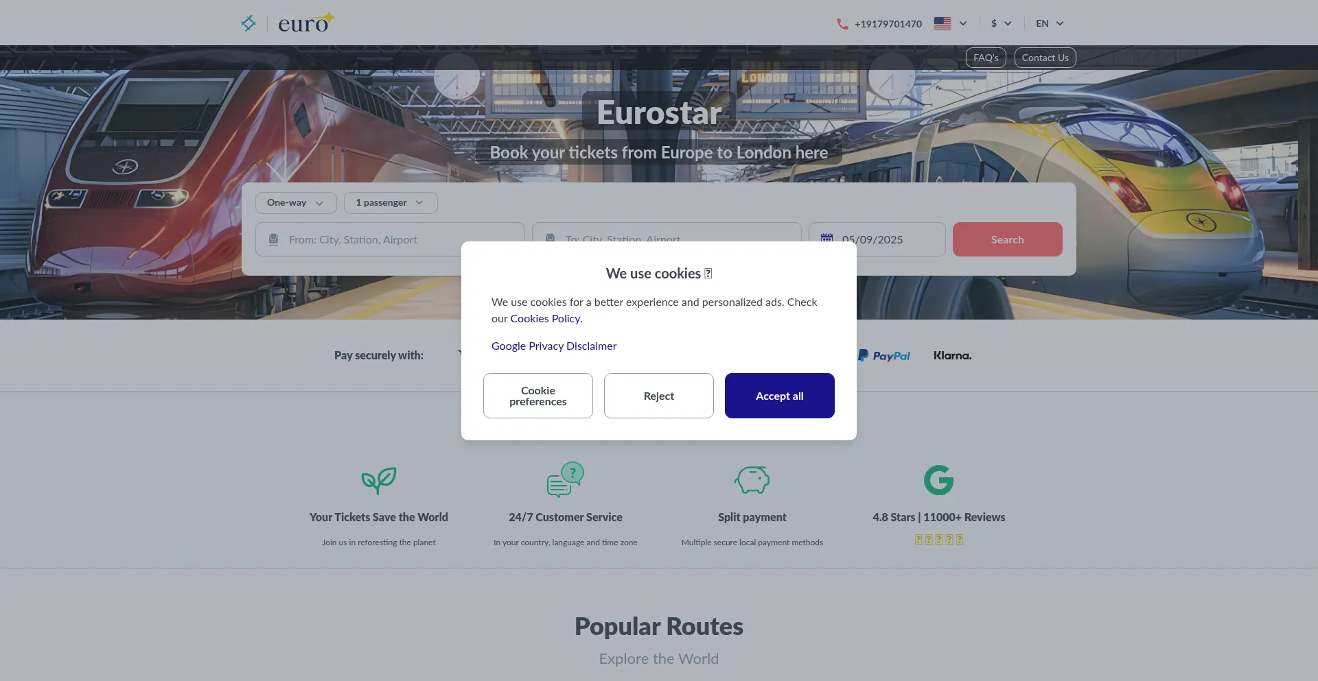 Website screenshot of Eurorails.com
