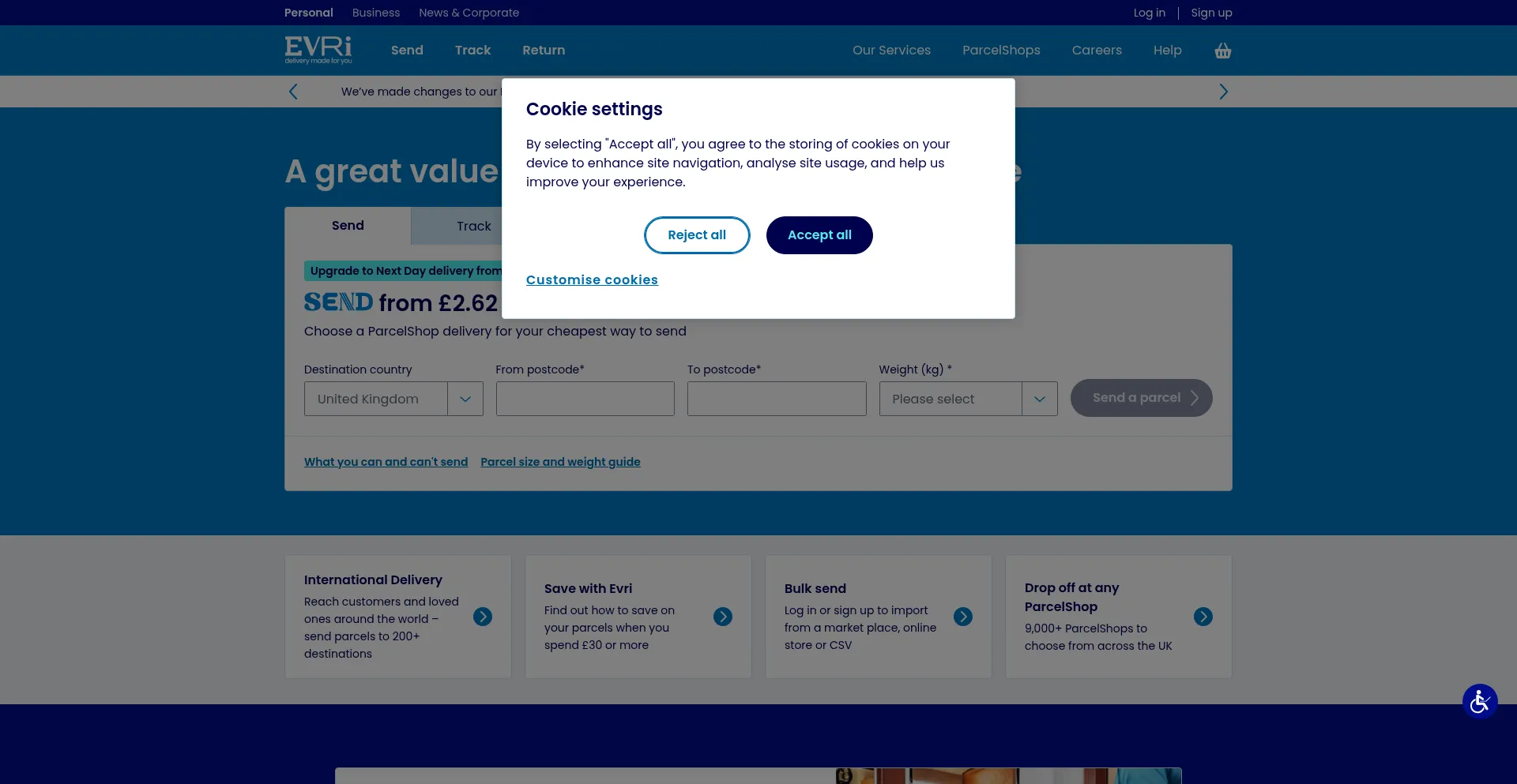 Website screenshot of Evri.com