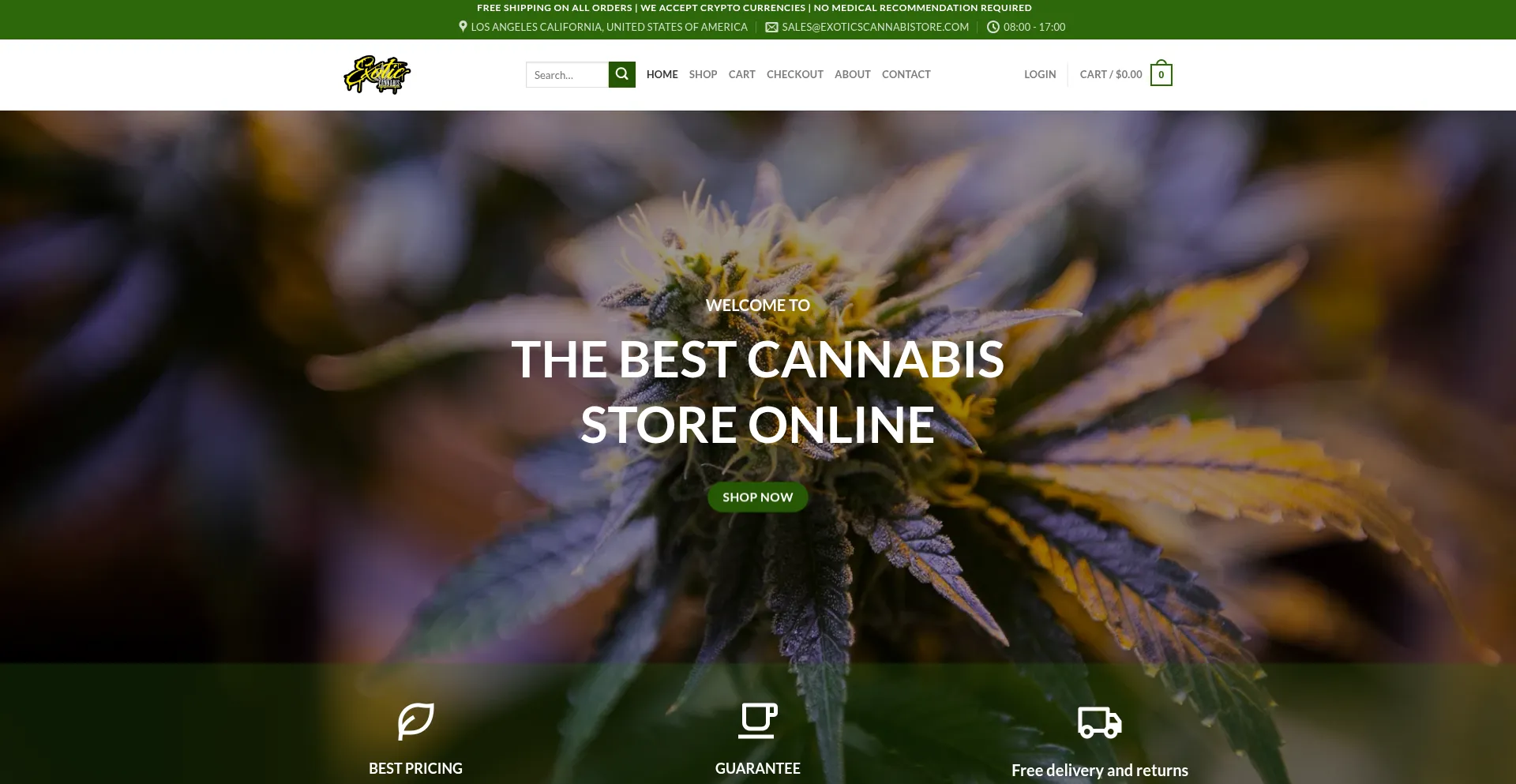 Website screenshot of Exoticscannabistore.com
