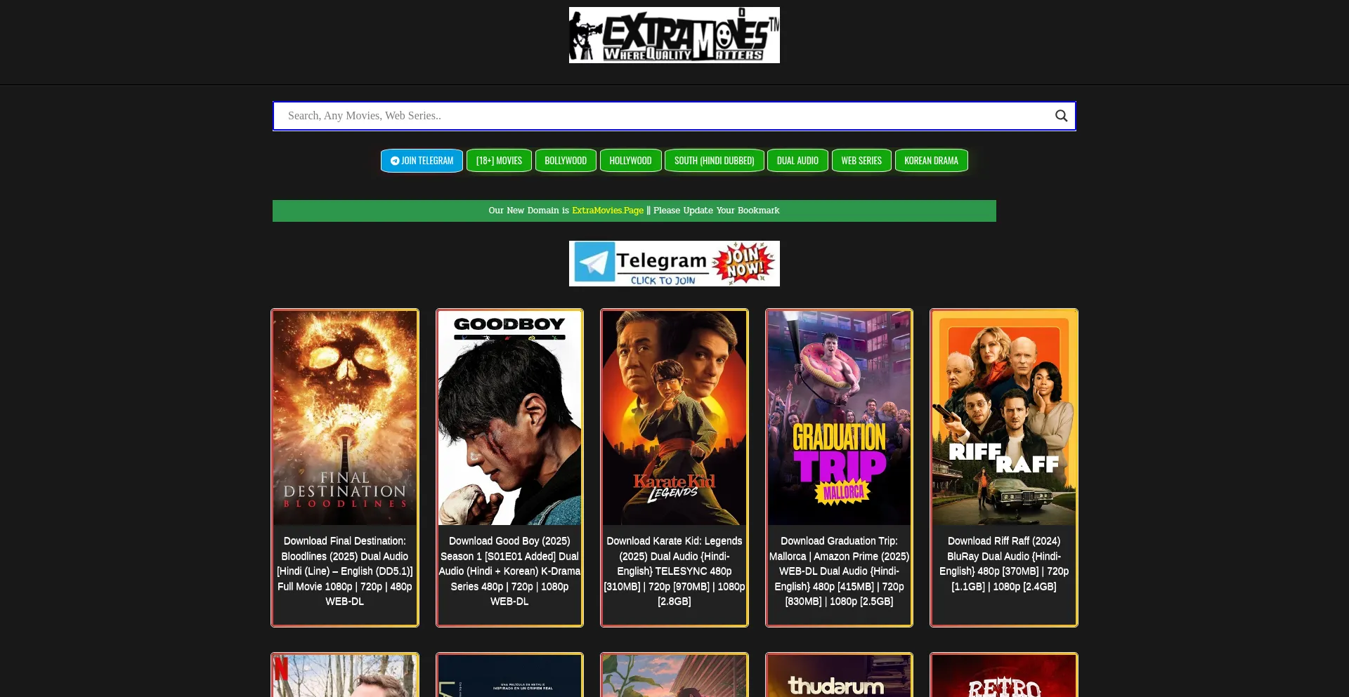 Website screenshot of Extramovies.promo
