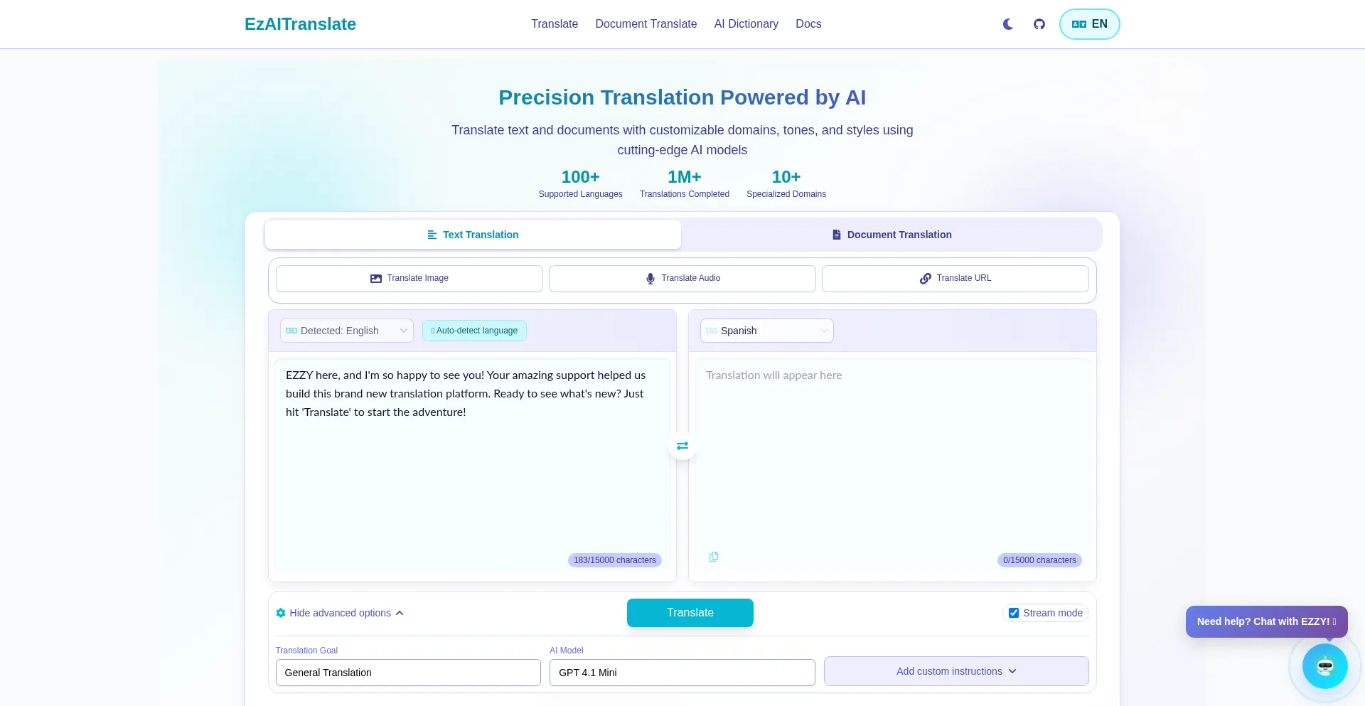Website screenshot of Ezaitranslate.com