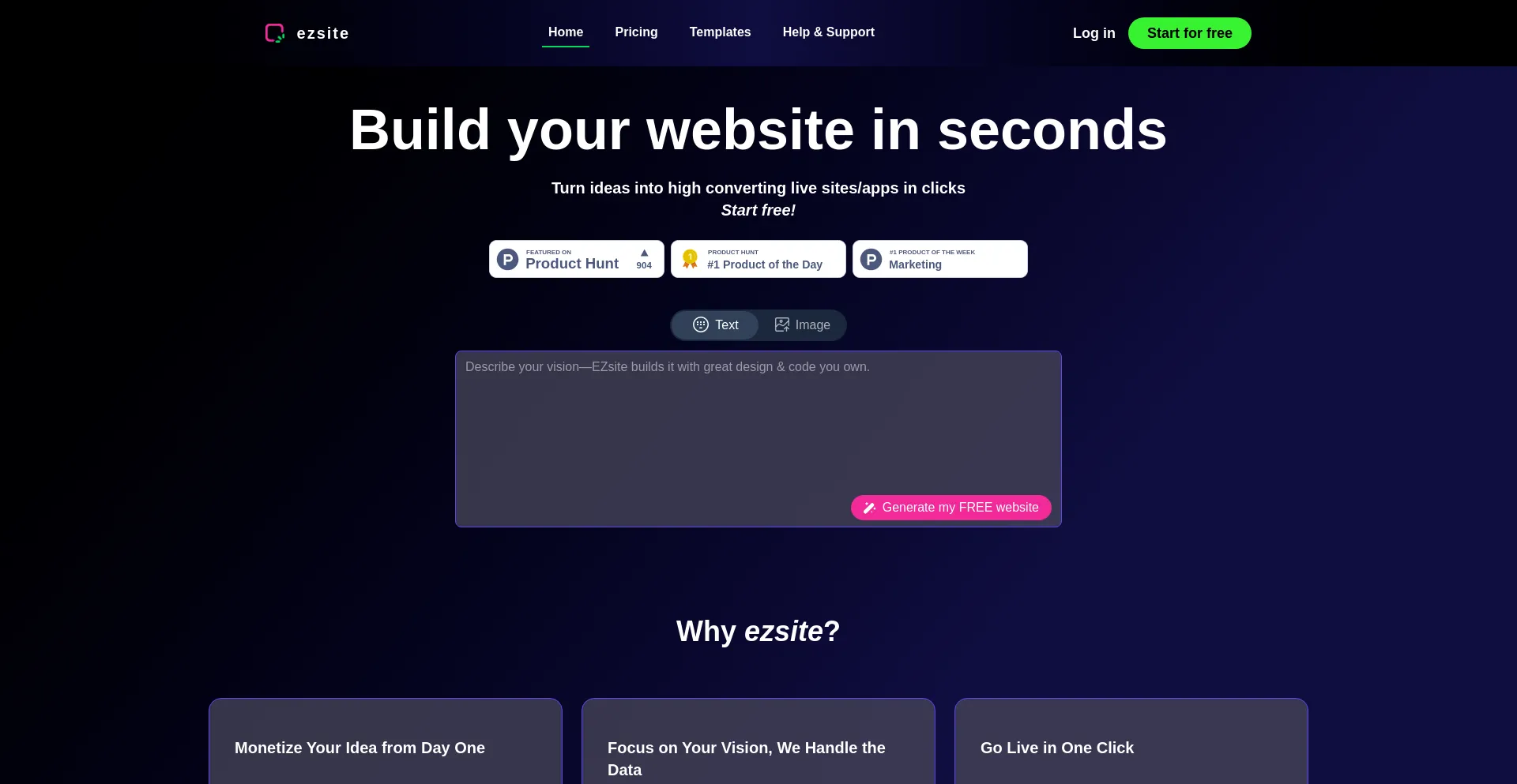 Website screenshot of Ezsite.ai