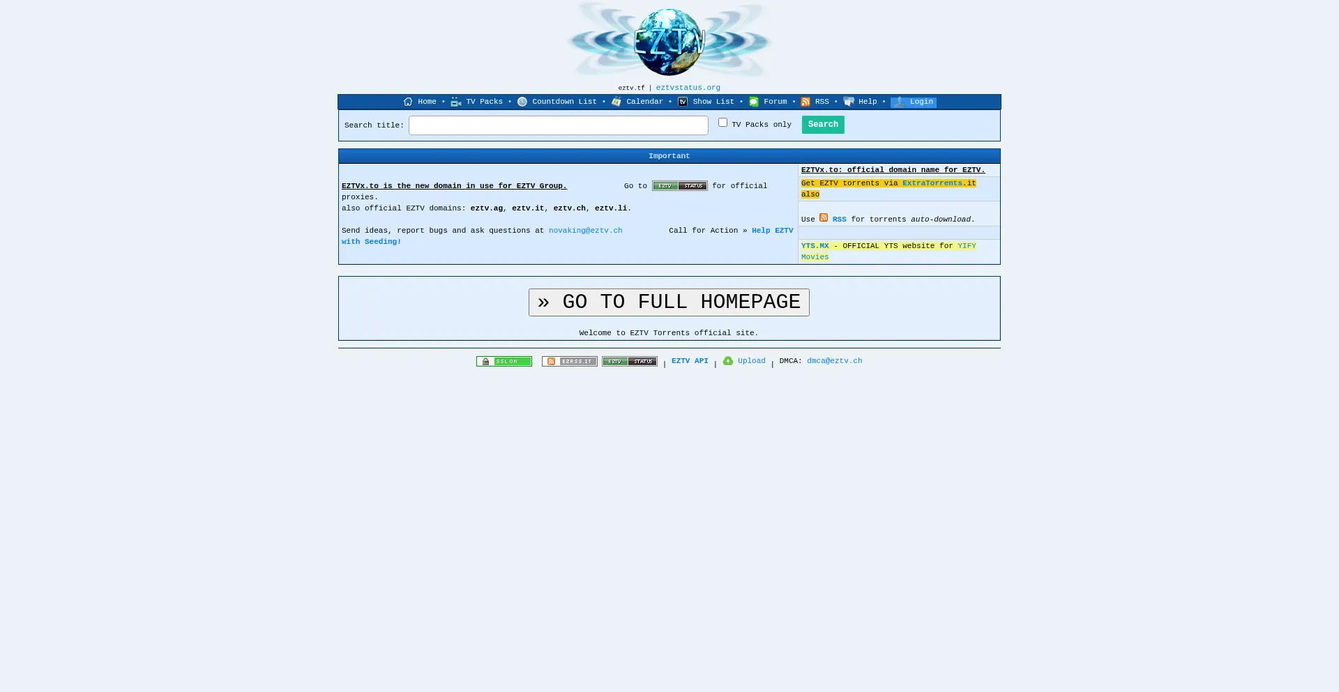 Website screenshot of Eztv.tf