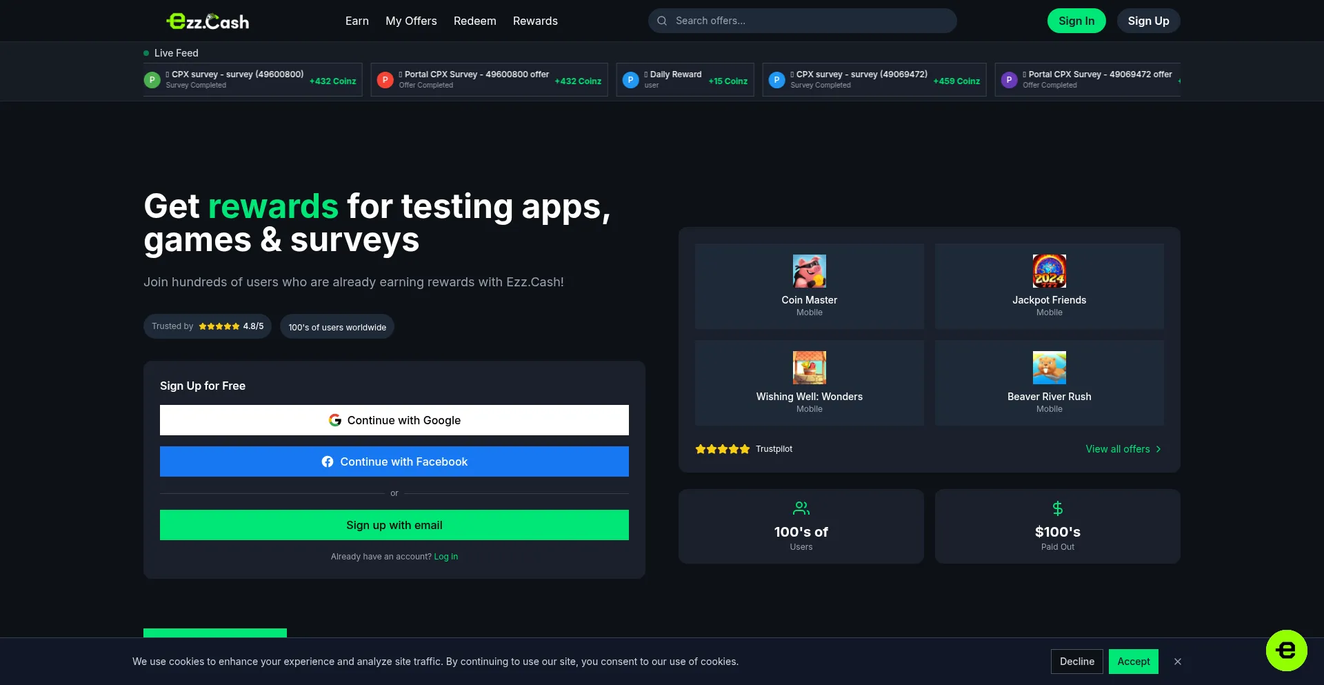 Website screenshot of Ezz.cash