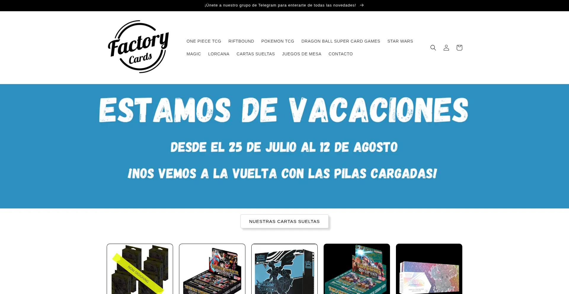 Website screenshot of Factorycardstcg.com