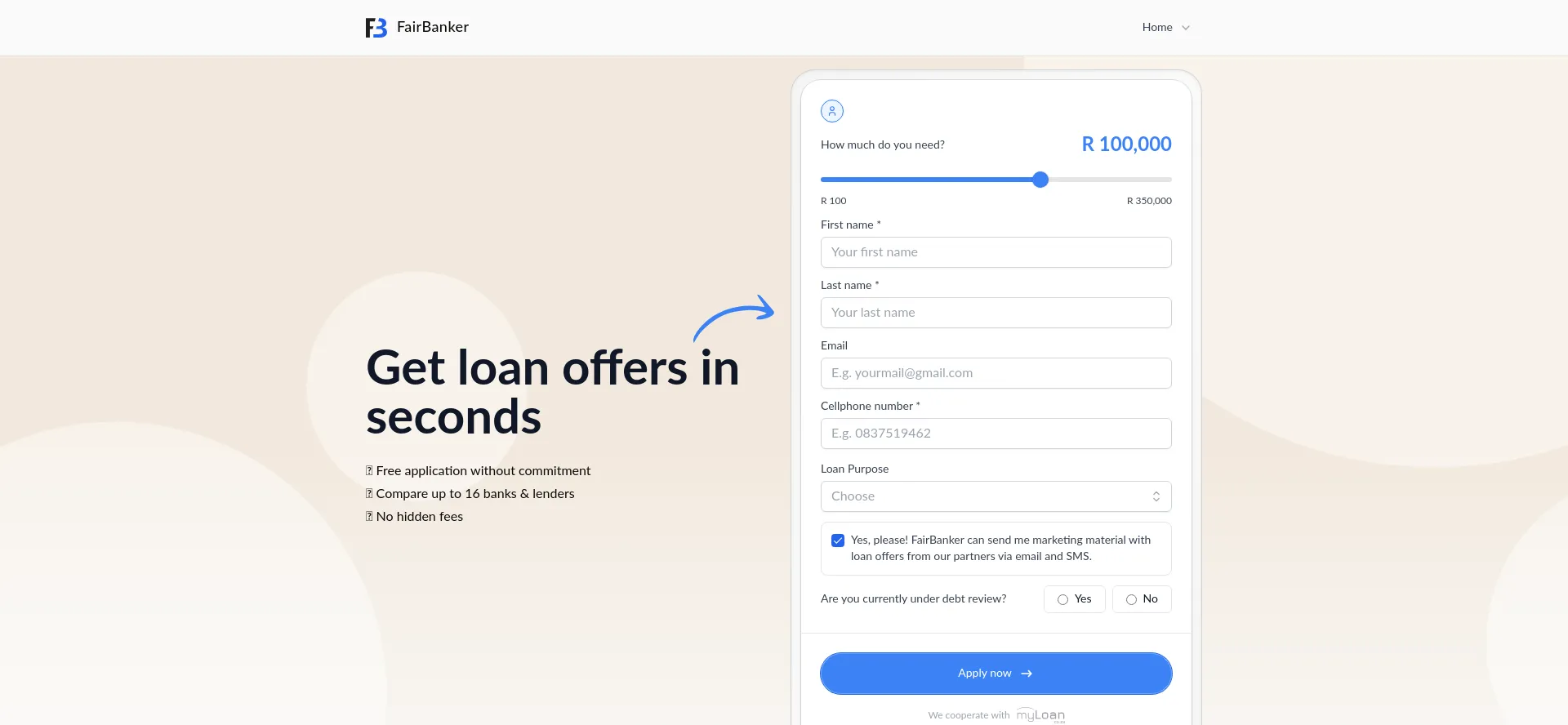 Website screenshot of Fairbanker.co.za