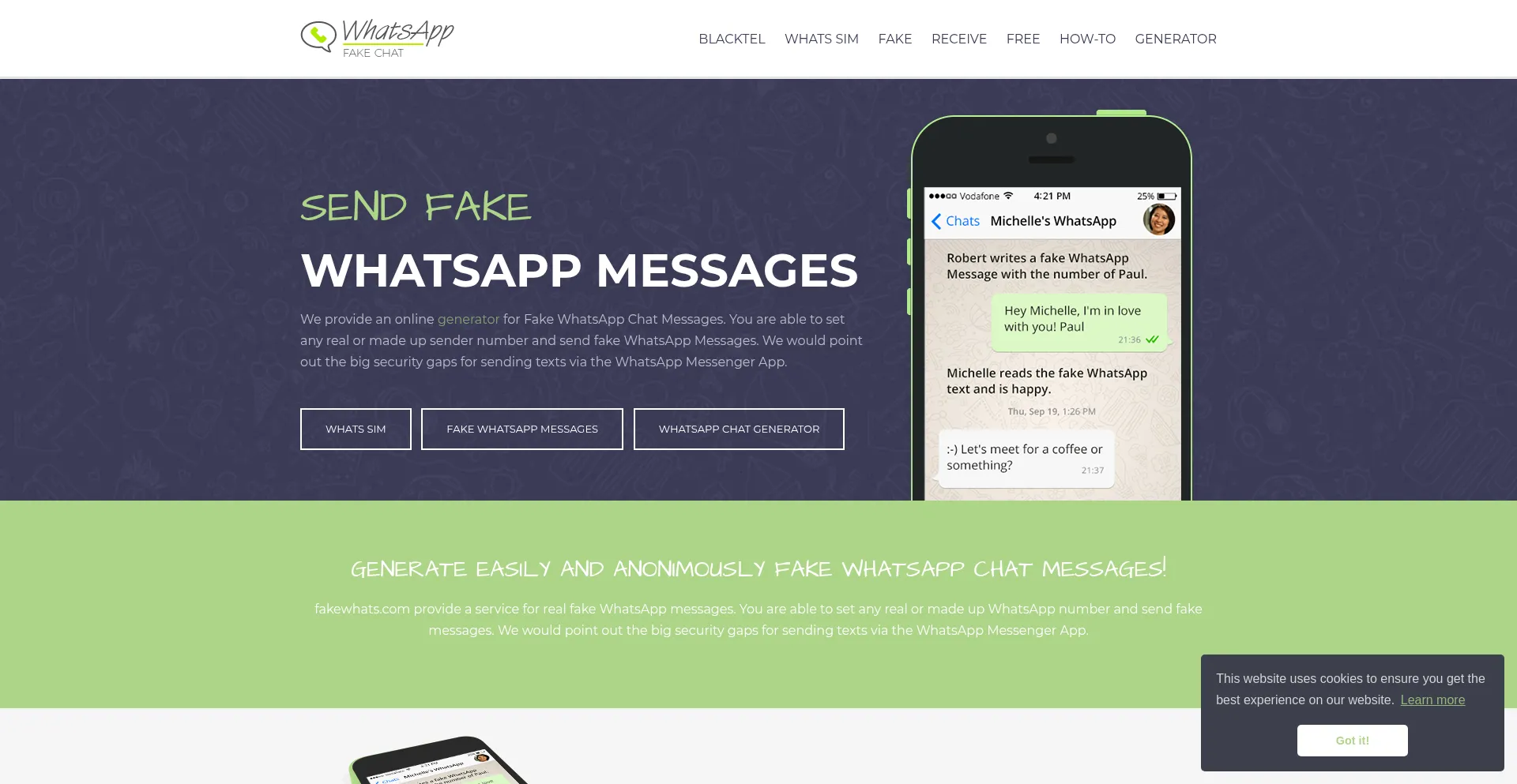 Website screenshot of Fakewhats.com