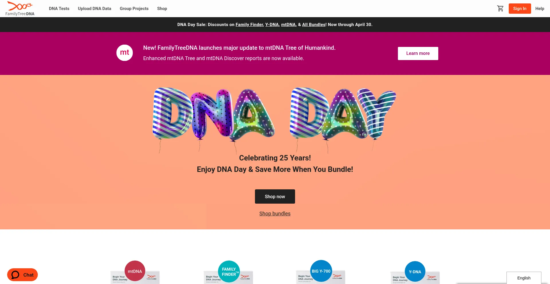 Website screenshot of Familytreedna.com