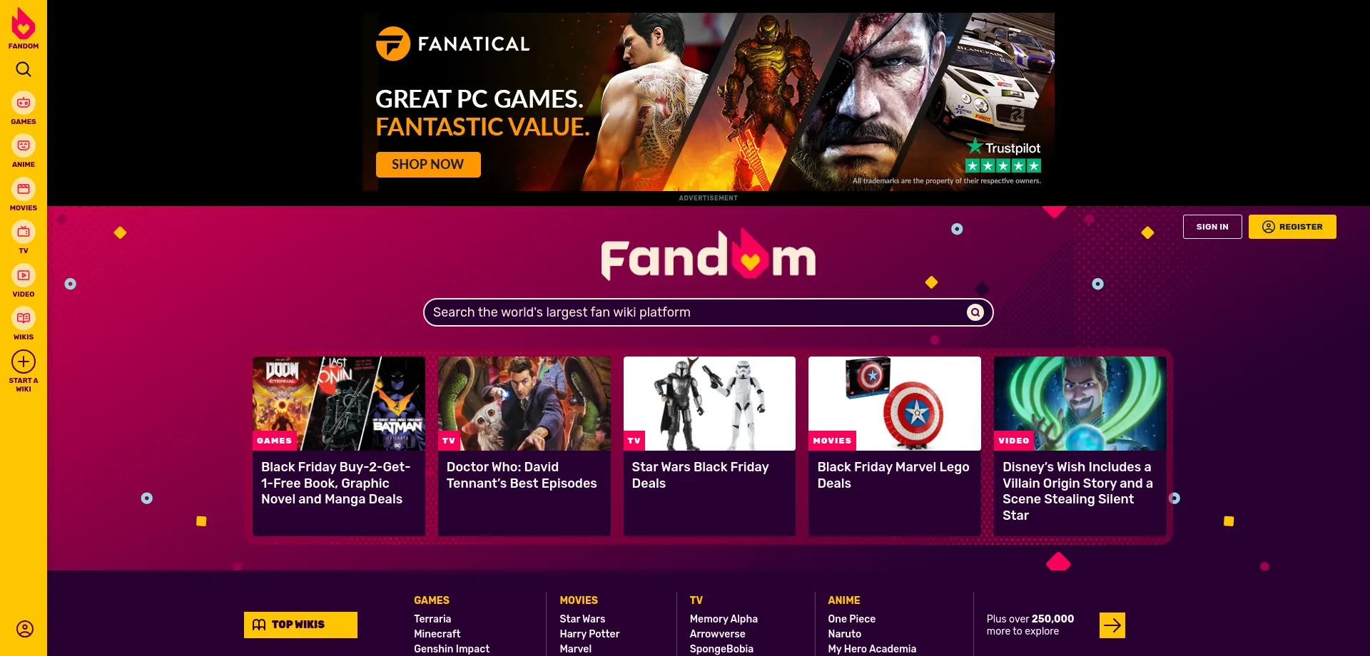 Website screenshot of Fandom.com