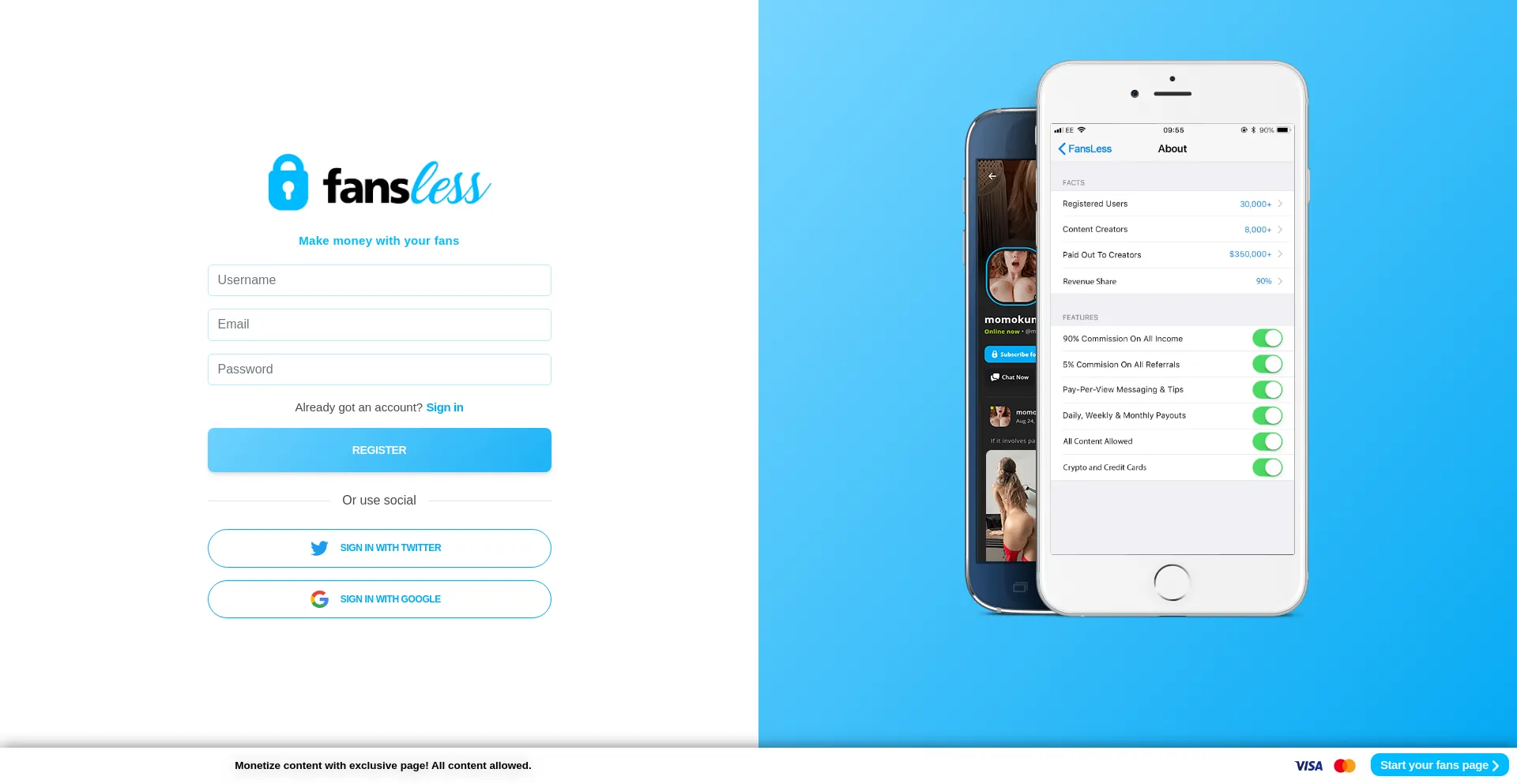 Website screenshot of Fansless.com