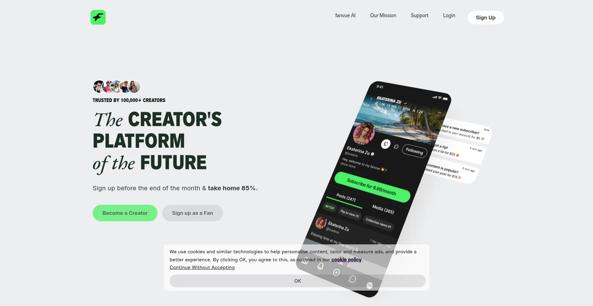 Website screenshot of Fanvue.com