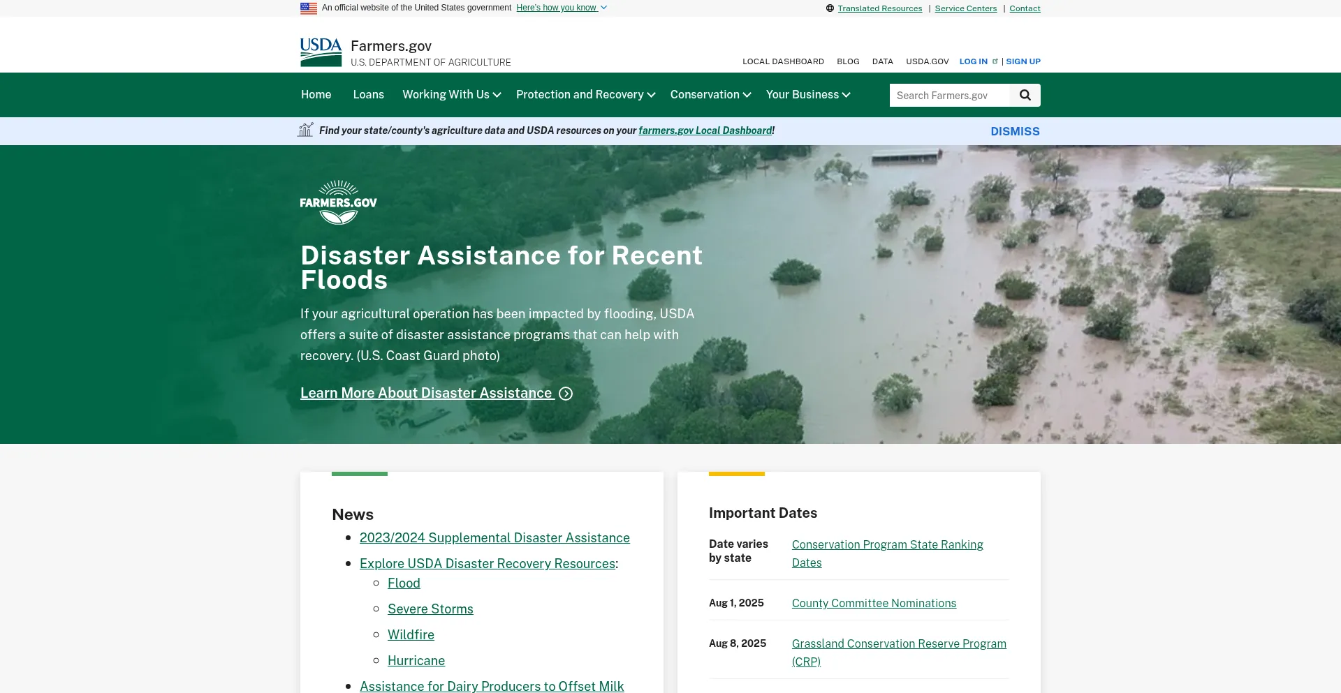 Website screenshot of Farmers.gov