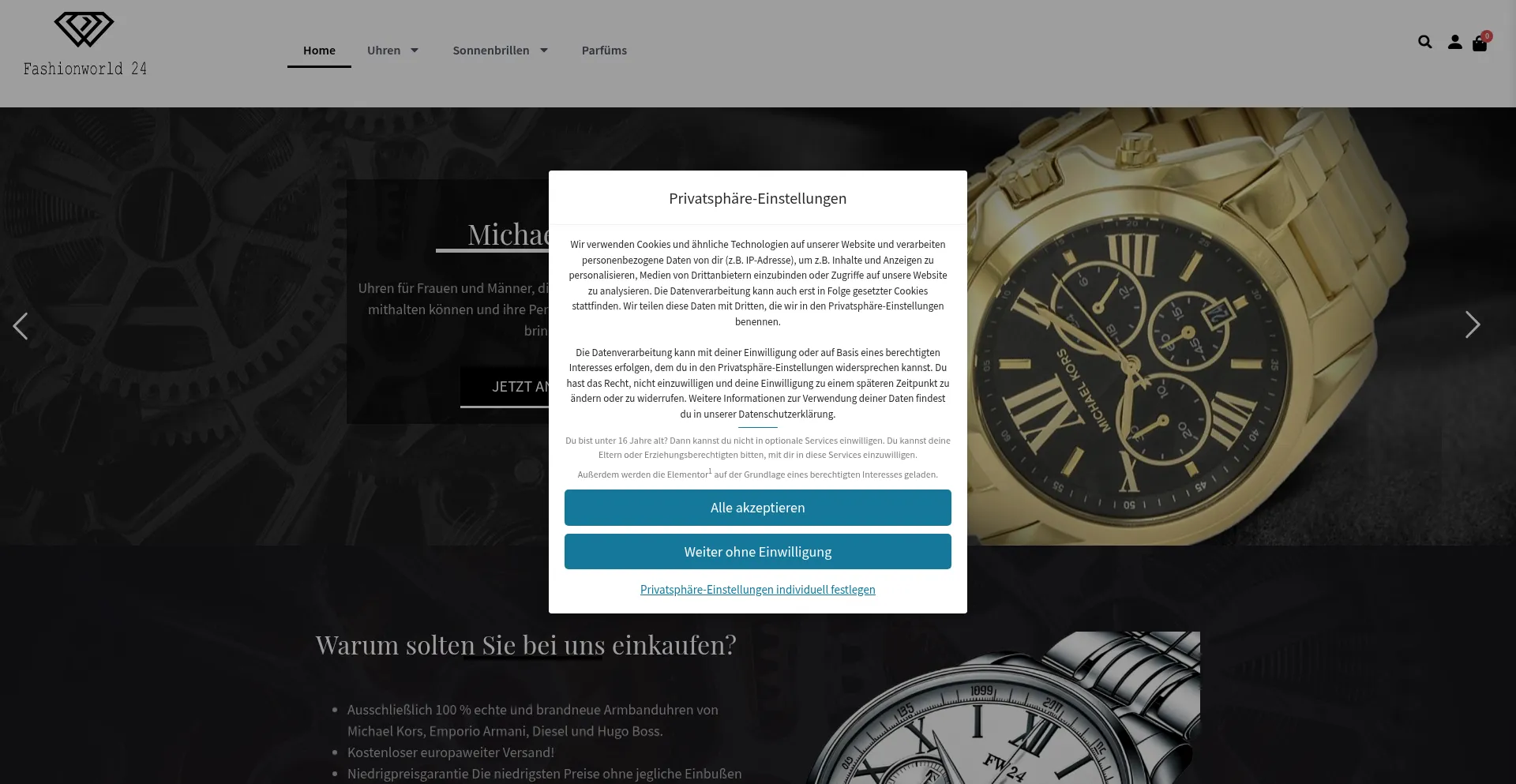 Website screenshot of Fashionworld24.de