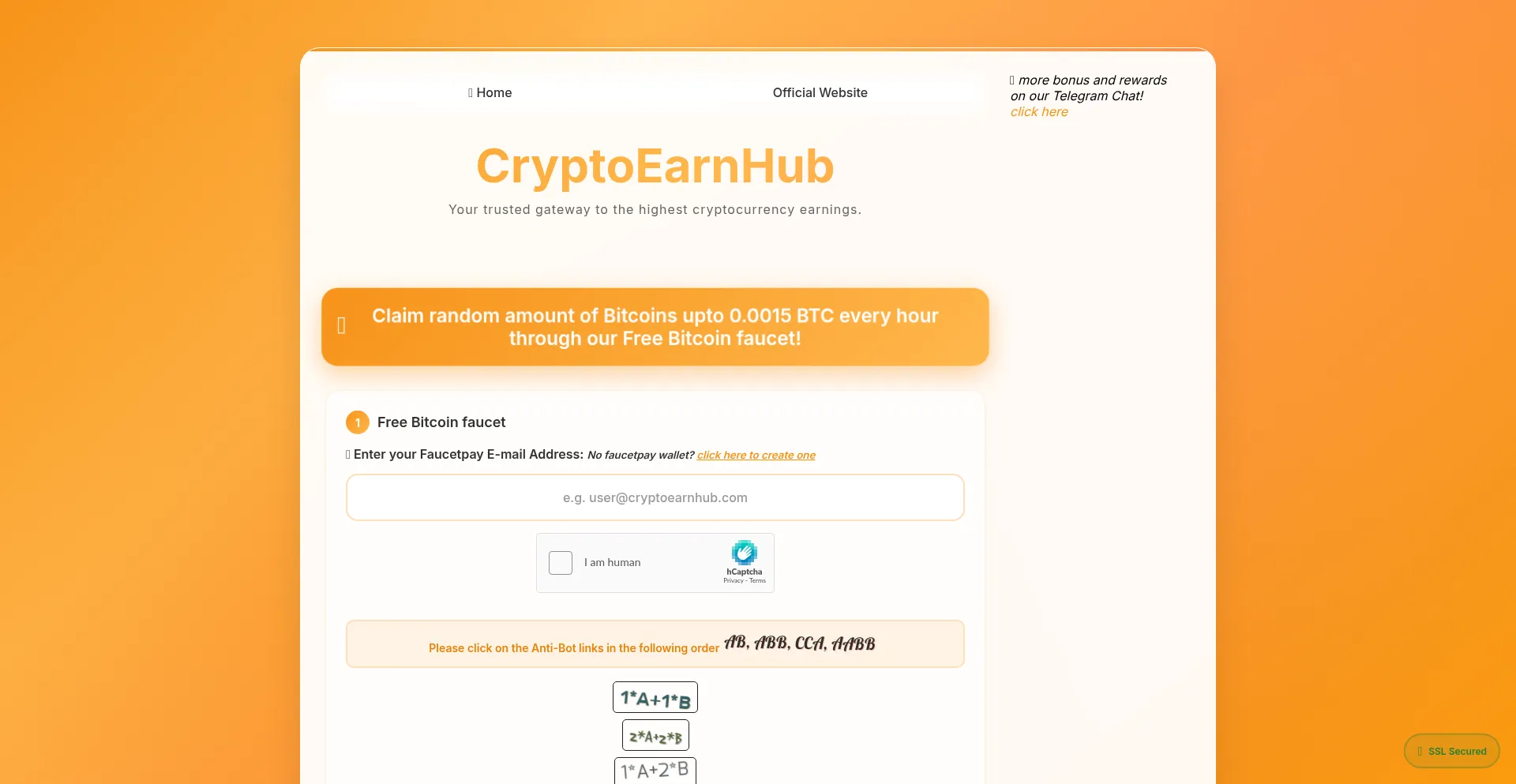 Website screenshot of Faucet.cryptoearnhub.com