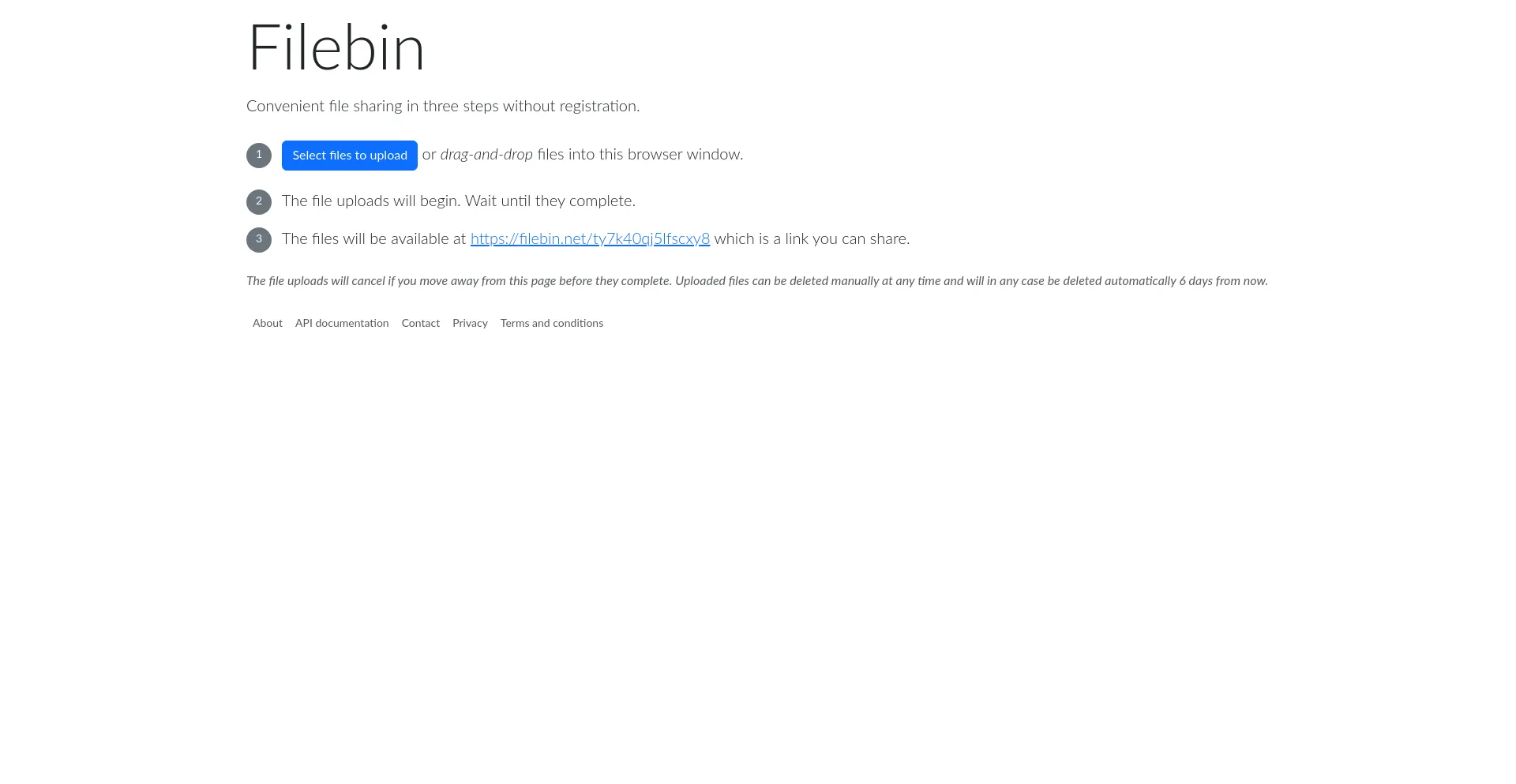 Website screenshot of Filebin.net