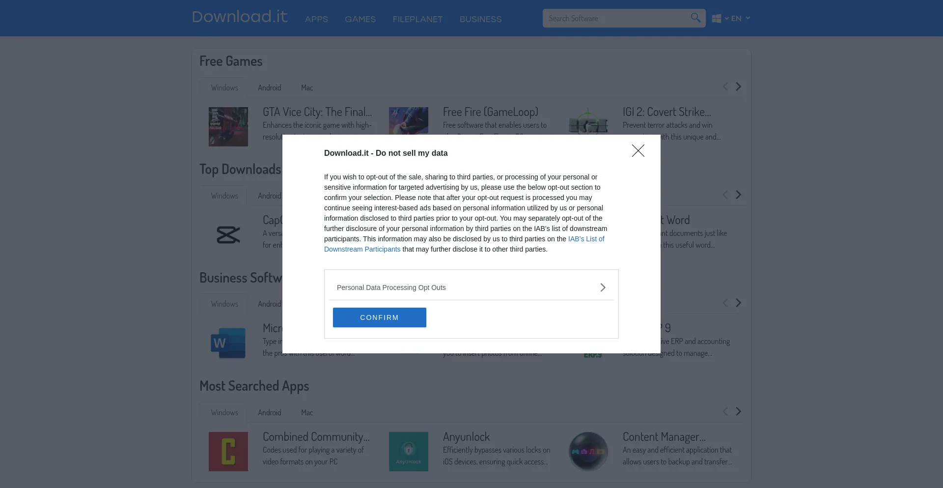 Website screenshot of Fileplanet.com