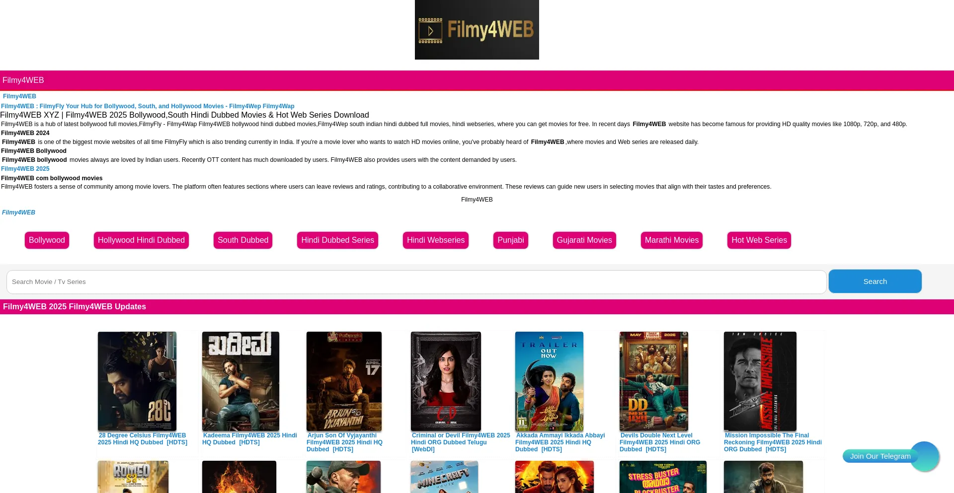Website screenshot of Filmy4web.cs.in