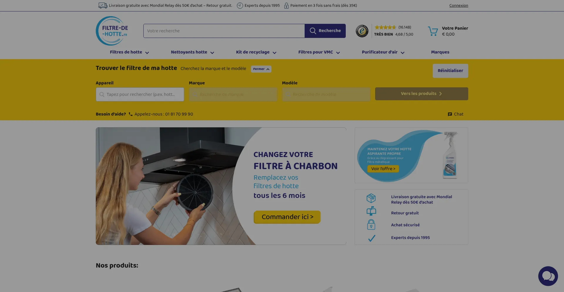 Website screenshot of Filtre-de-hotte.fr
