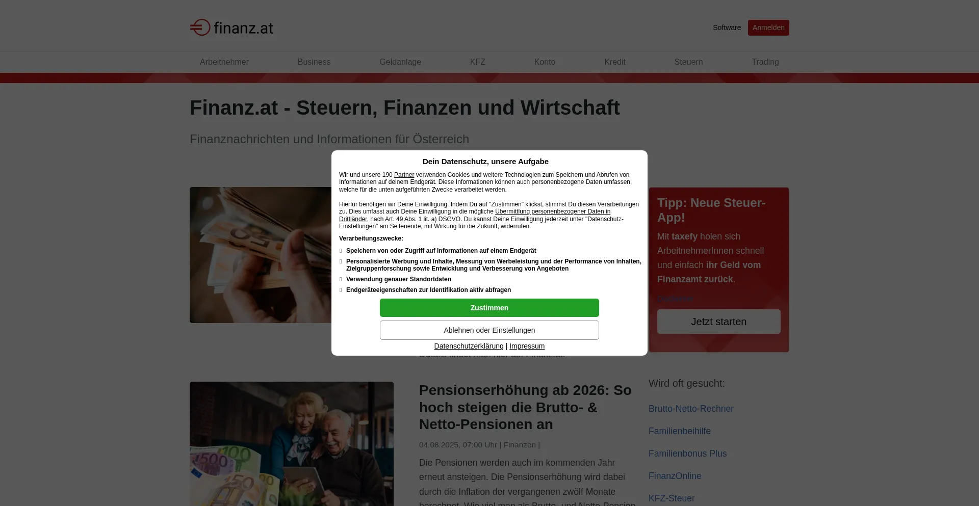 Website screenshot of Finanz.at
