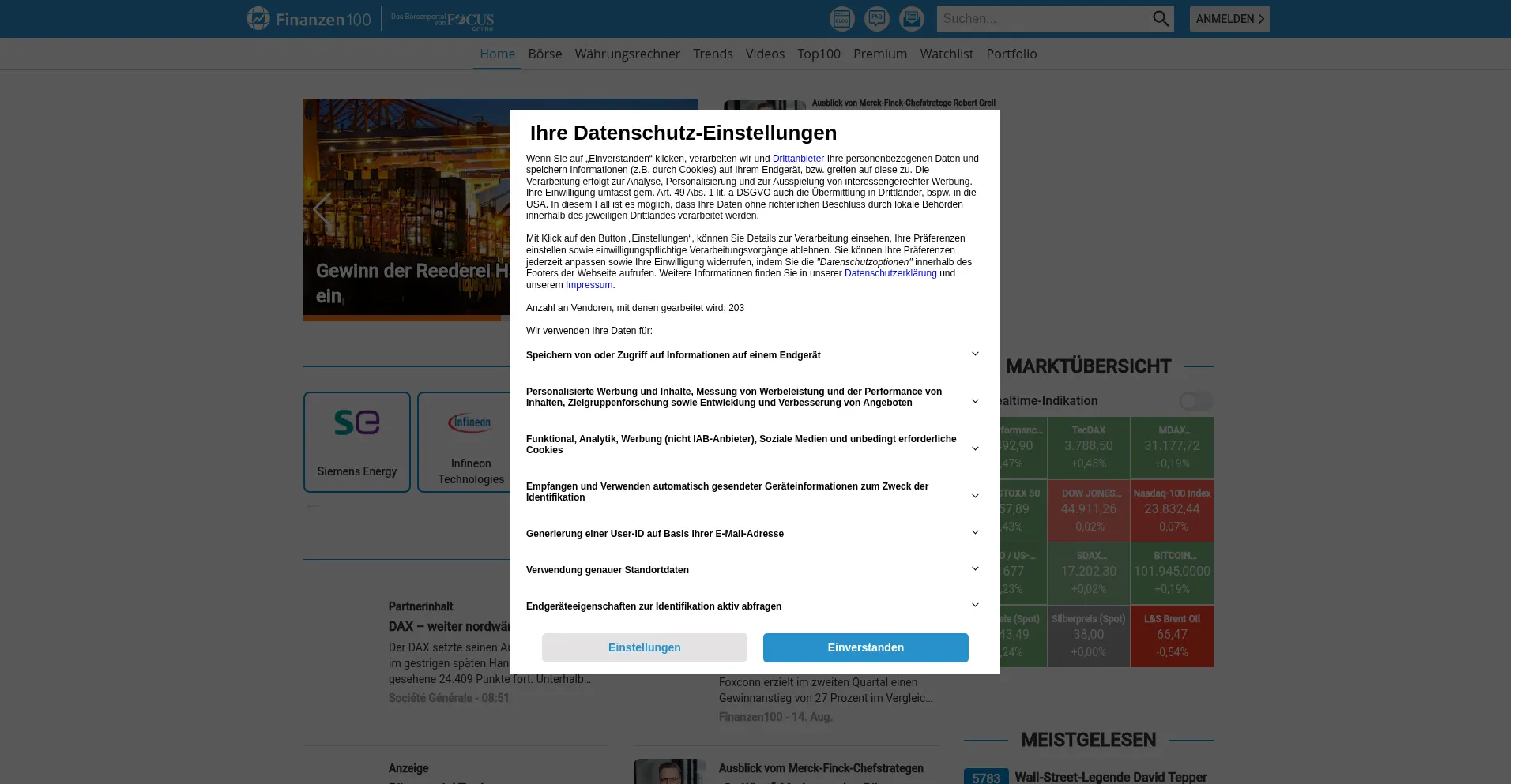Website screenshot of Finanzen100.de