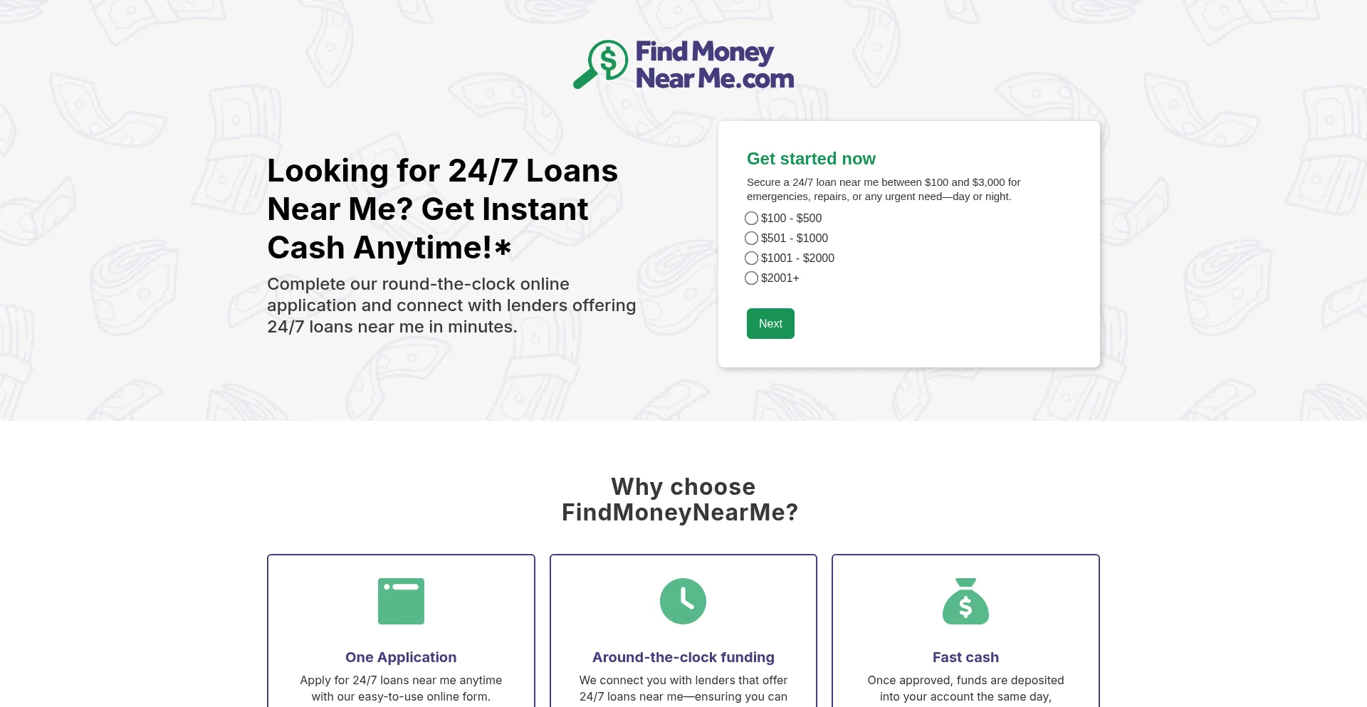 Website screenshot of Findmoneynearme.com