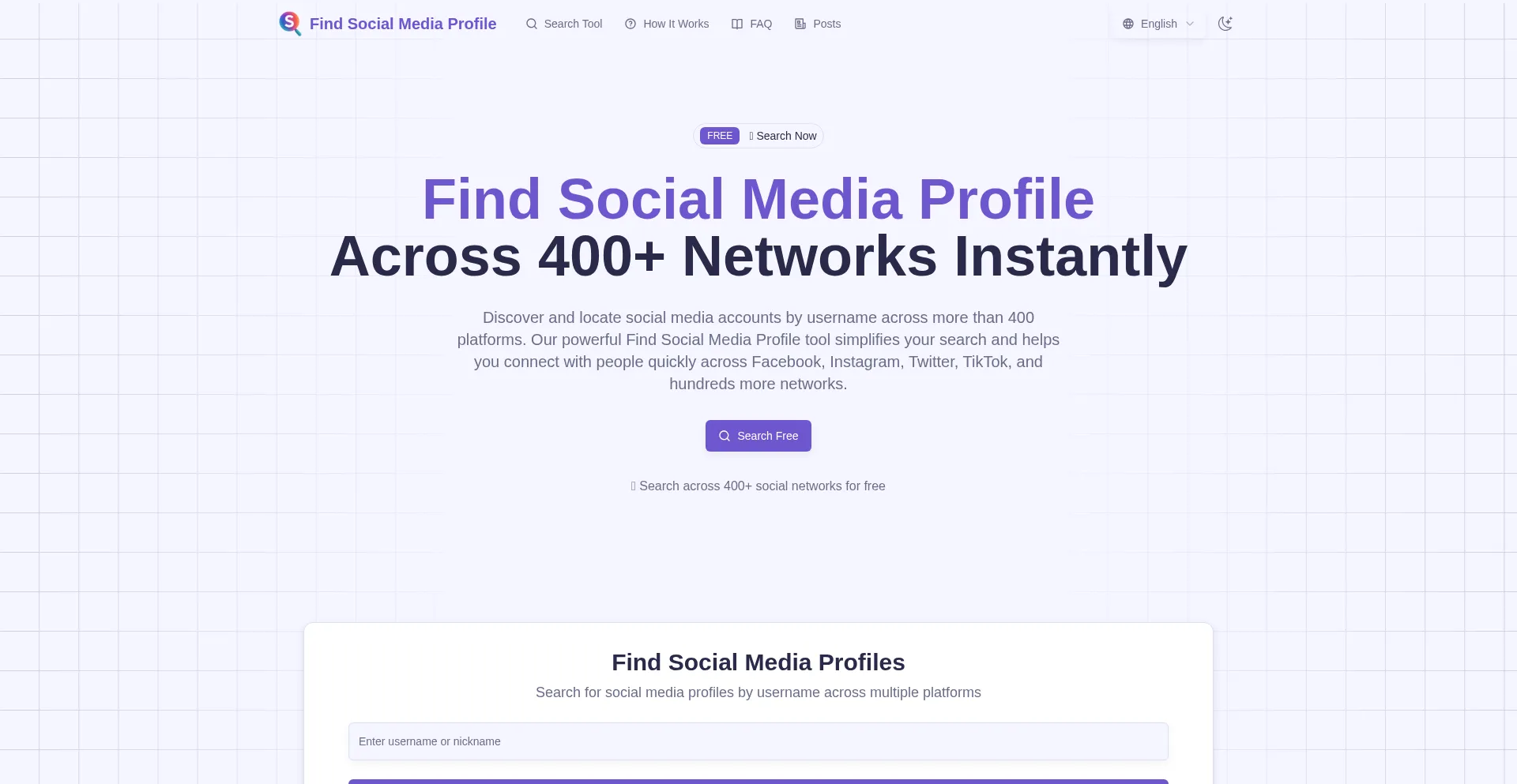 Website screenshot of Findsocialmediaprofile.com