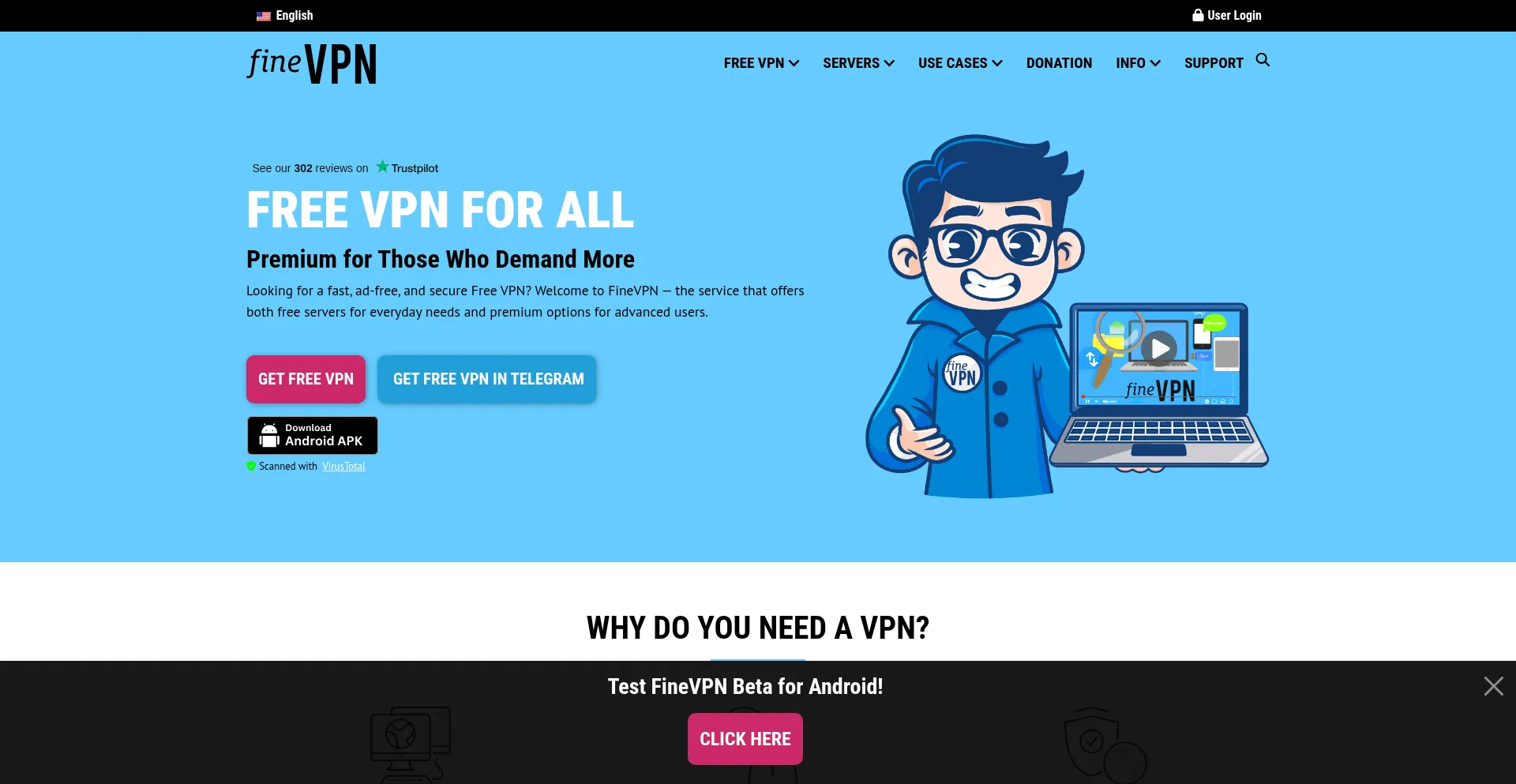 Website screenshot of Finevpn.org