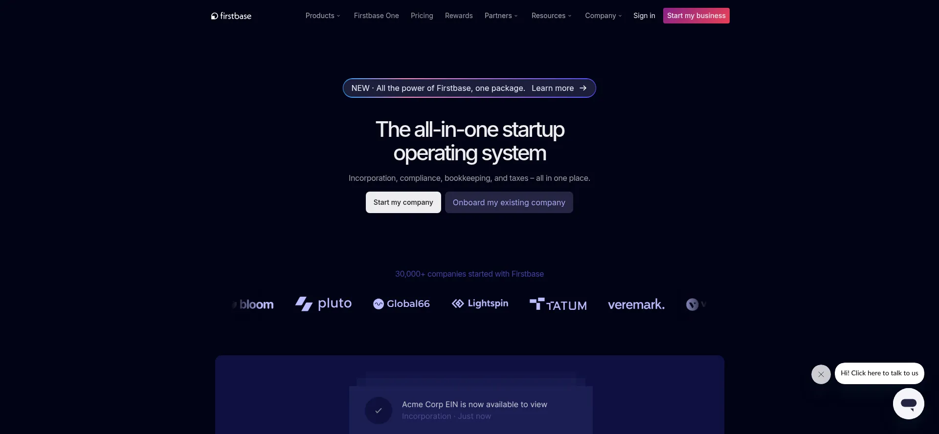 Website screenshot of Firstbase.io