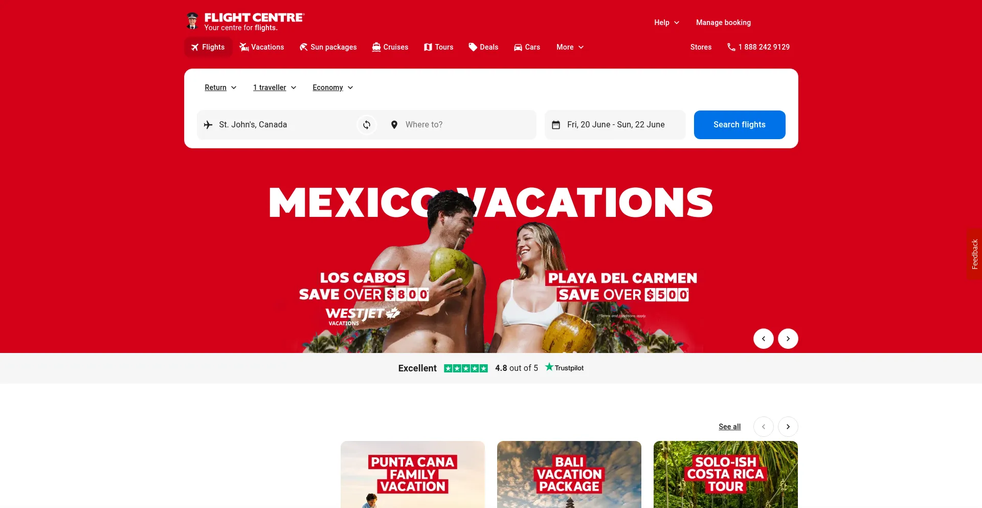 Website screenshot of Flightcentre.ca