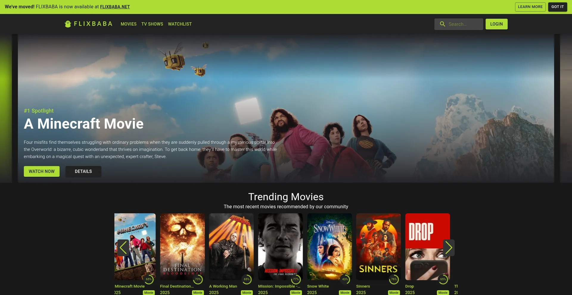 Website screenshot of Flixbaba.net