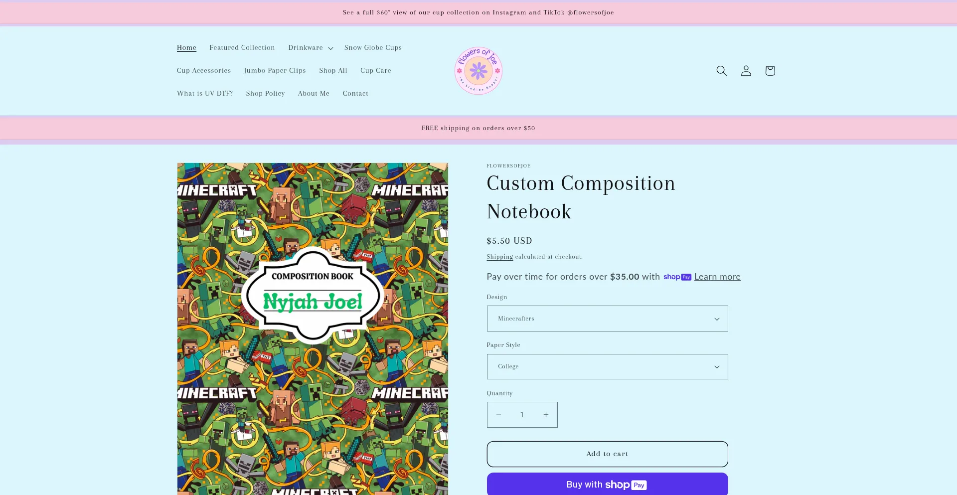 Website screenshot of Flowersofjoe.shop