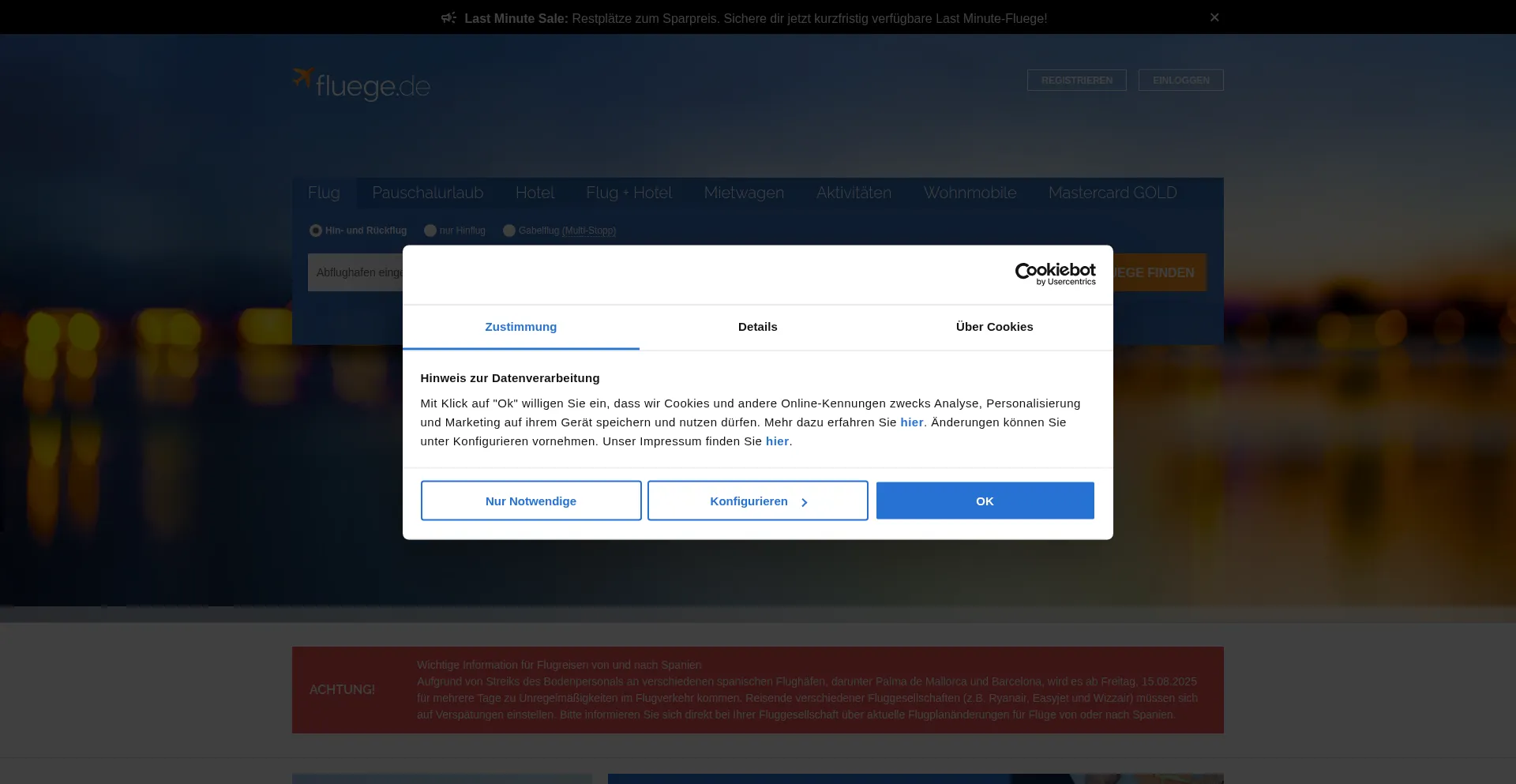 Website screenshot of Fluege.de