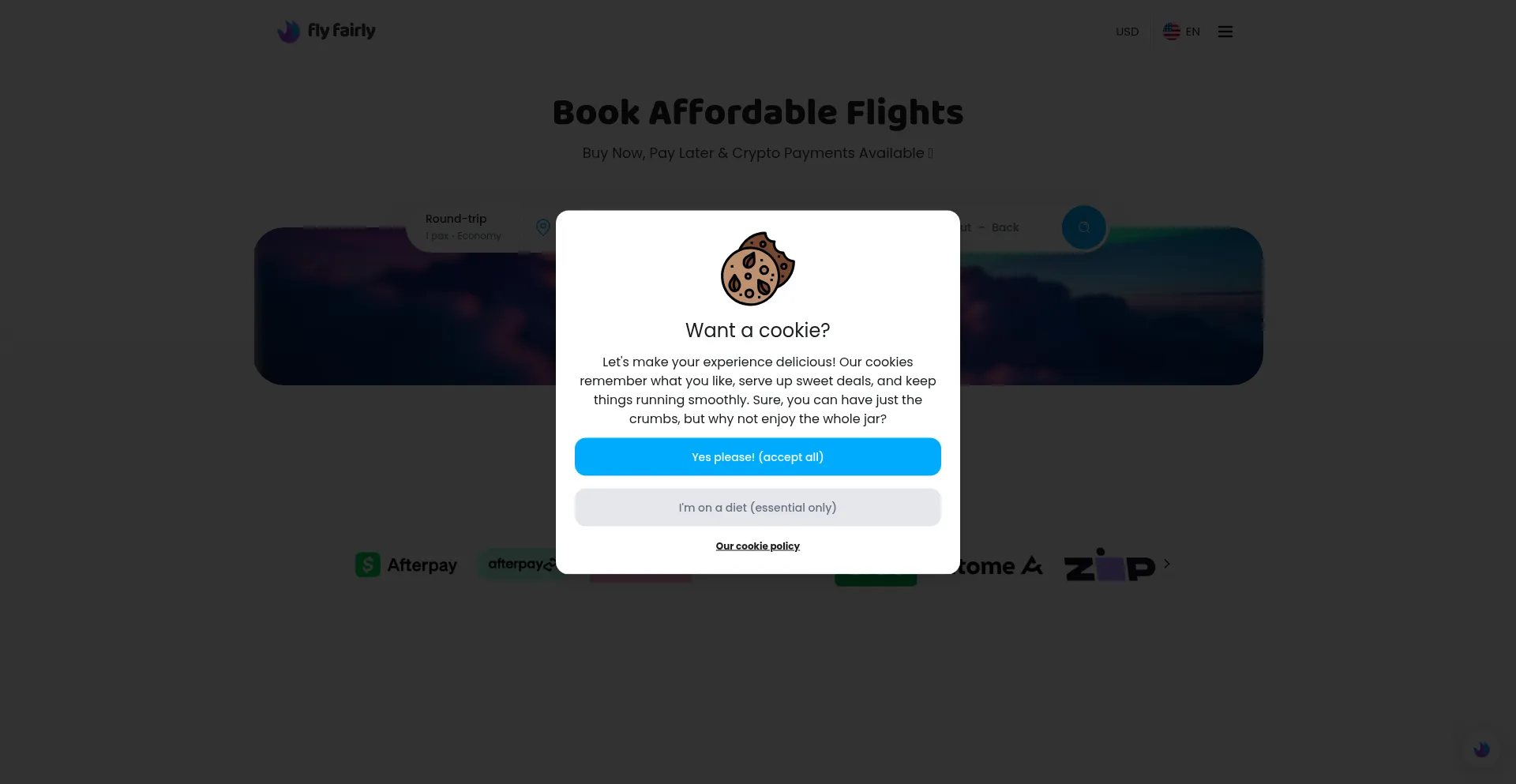 Website screenshot of Flyfairly.com