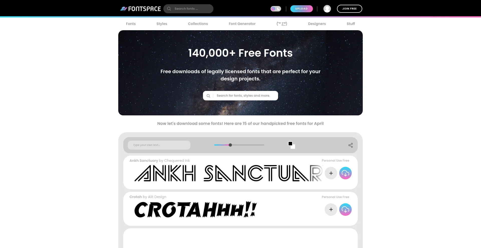 Website screenshot of Fontspace.com