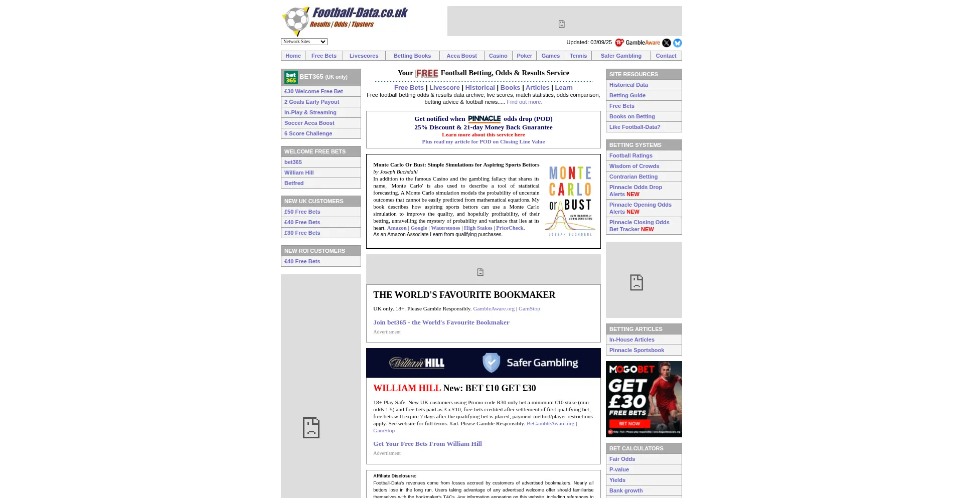 Website screenshot of Football-data.co.uk
