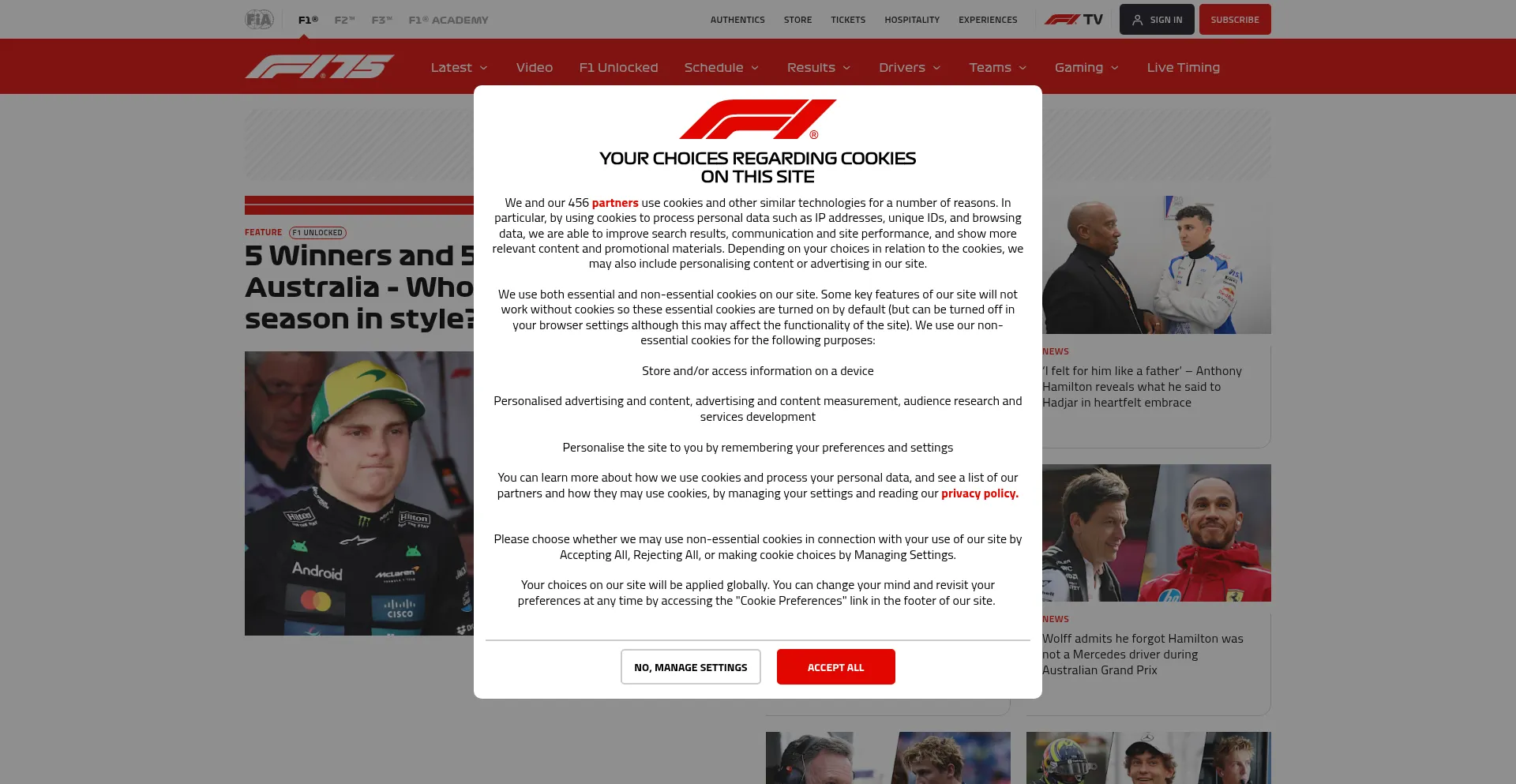 Website screenshot of Formula1.com