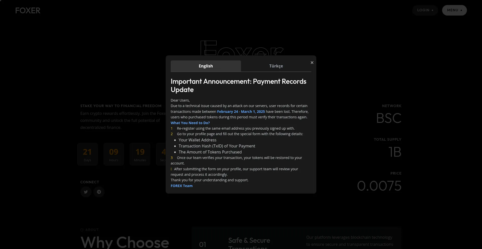 Website screenshot of Foxer.finance