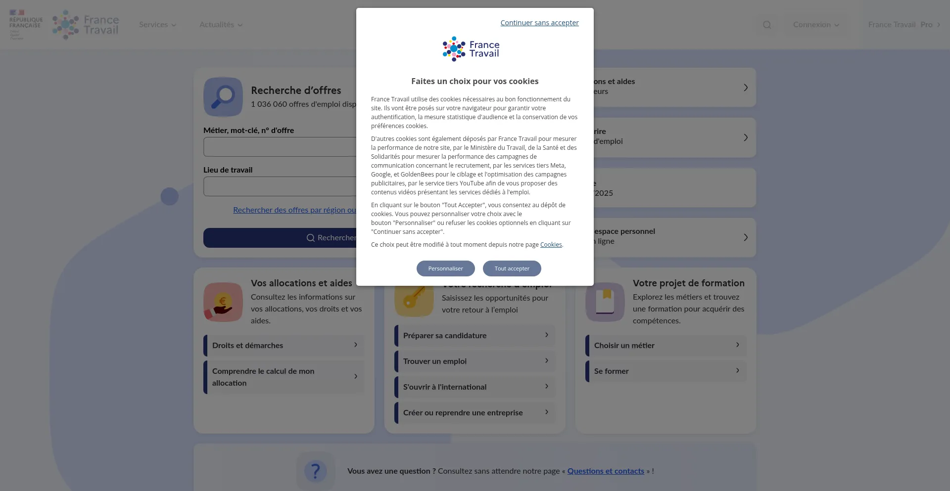 Website screenshot of Francetravail.fr