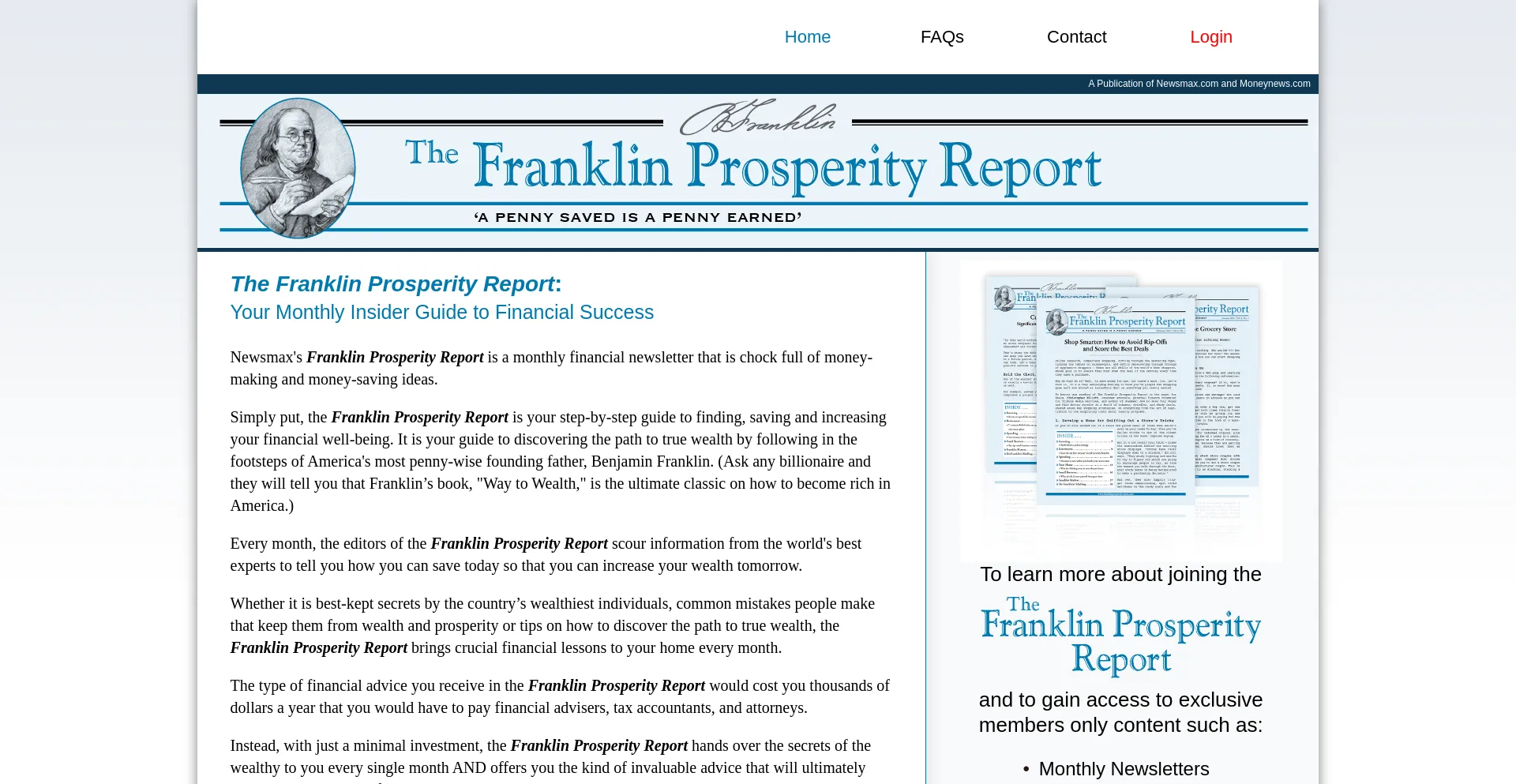 Website screenshot of Franklinprosperityreport.com